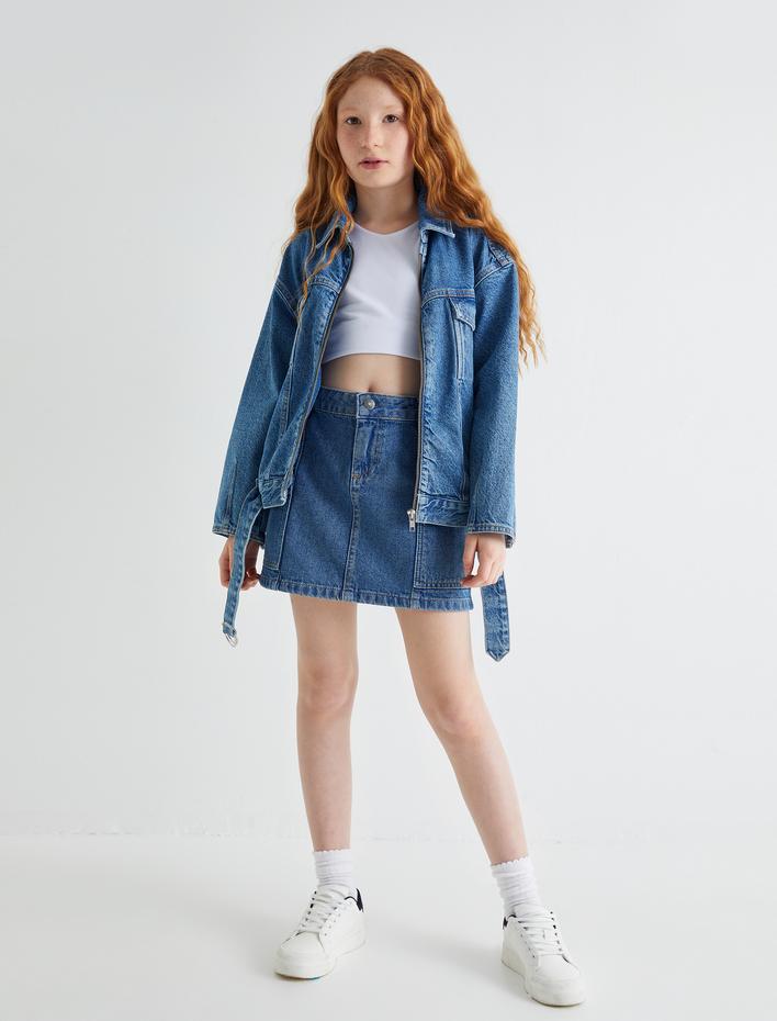 Kız Çocuk Kot Ceket Cep Detaylı Fermuar Kapamalı Pamuklu