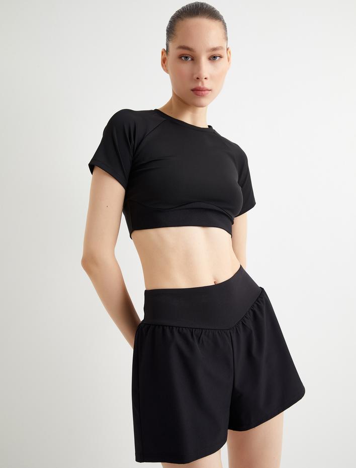  Spor Crop Tişört Slim Fit Kısa Kollu Bisiklet Yaka