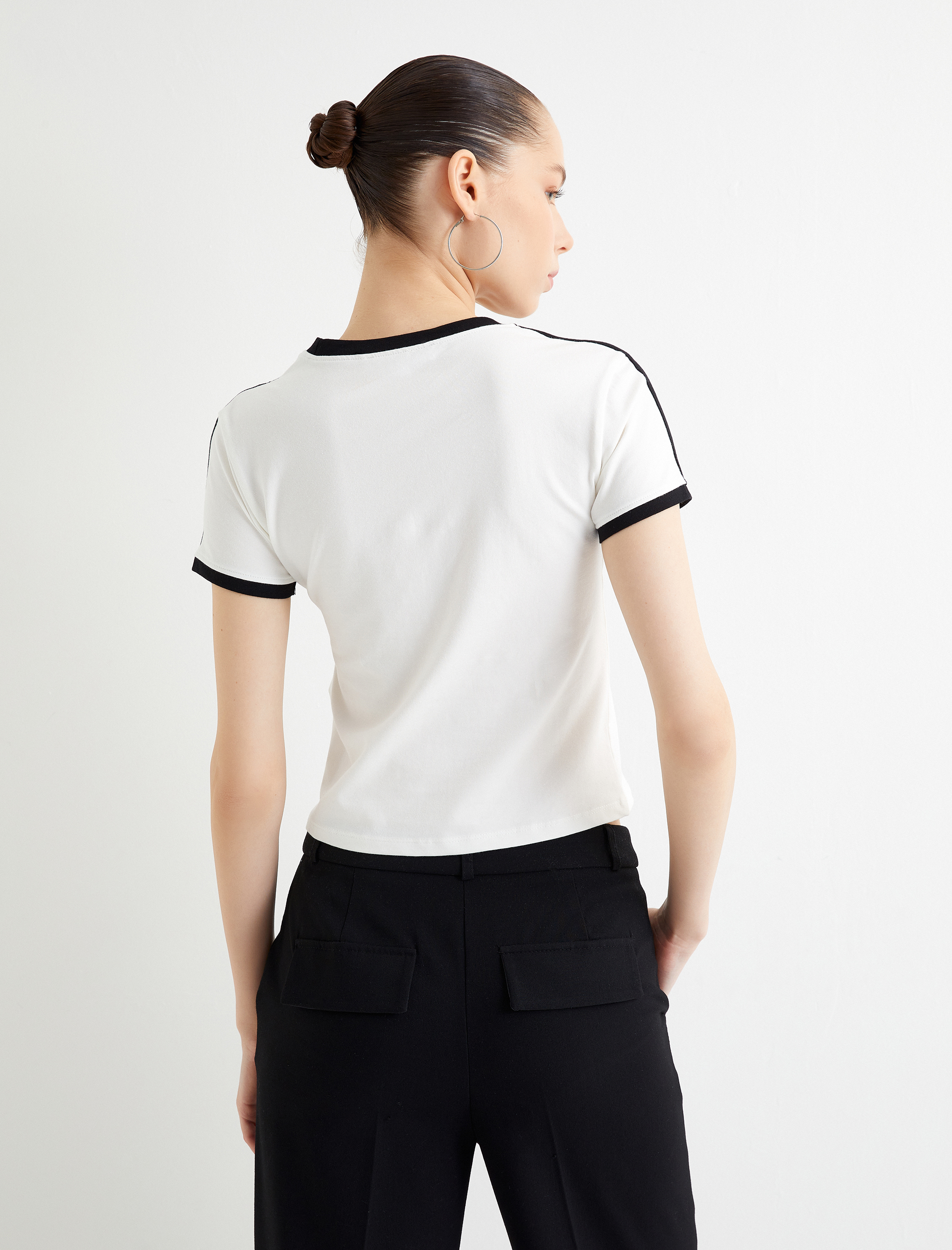   Baskılı Çizgili Tişört Baskılı Kısa Kollu Bisiklet Yaka Pamuklu