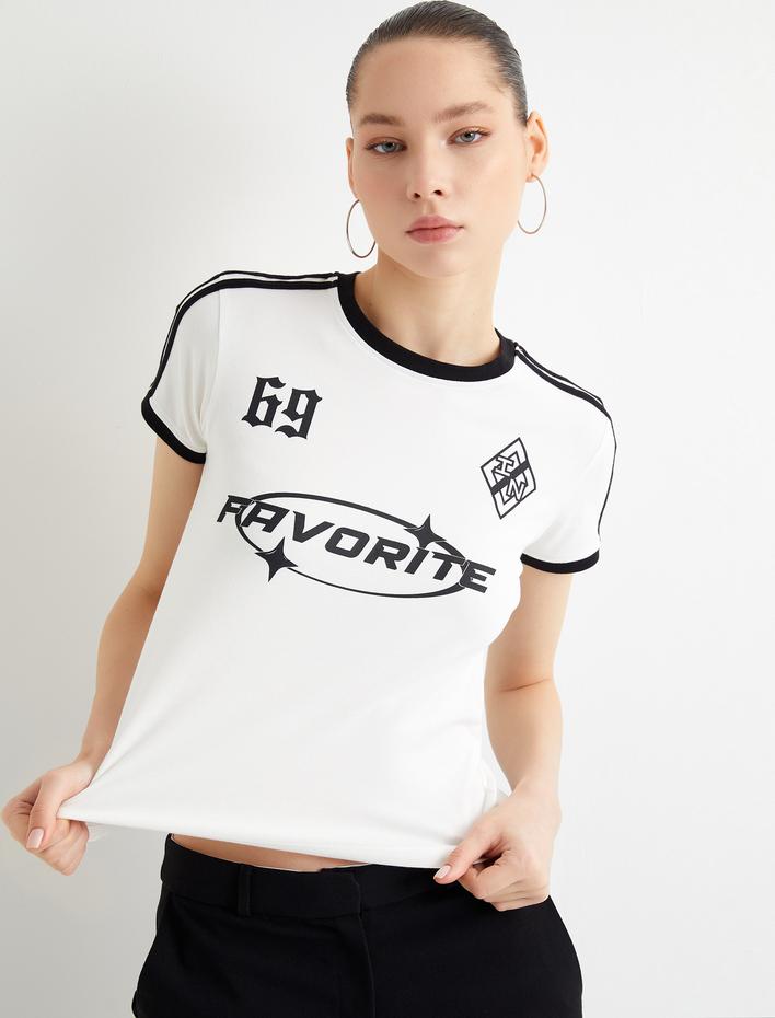  Baskılı Çizgili Tişört Baskılı Kısa Kollu Bisiklet Yaka Pamuklu