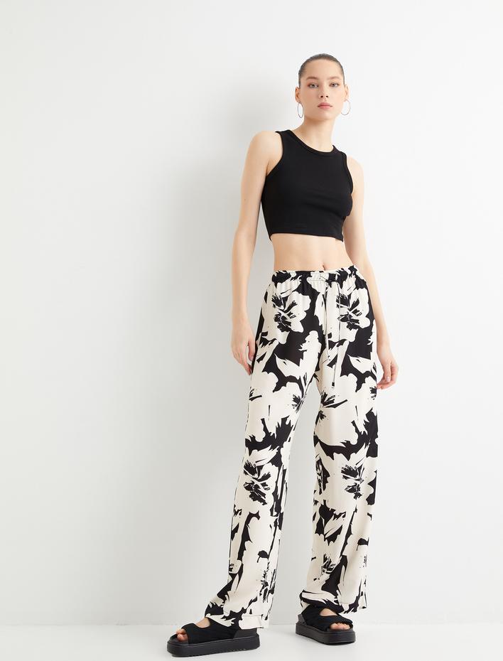  Çiçekli Bol Paça Pantolon Beli Bağlamalı Viskoz Kumaş