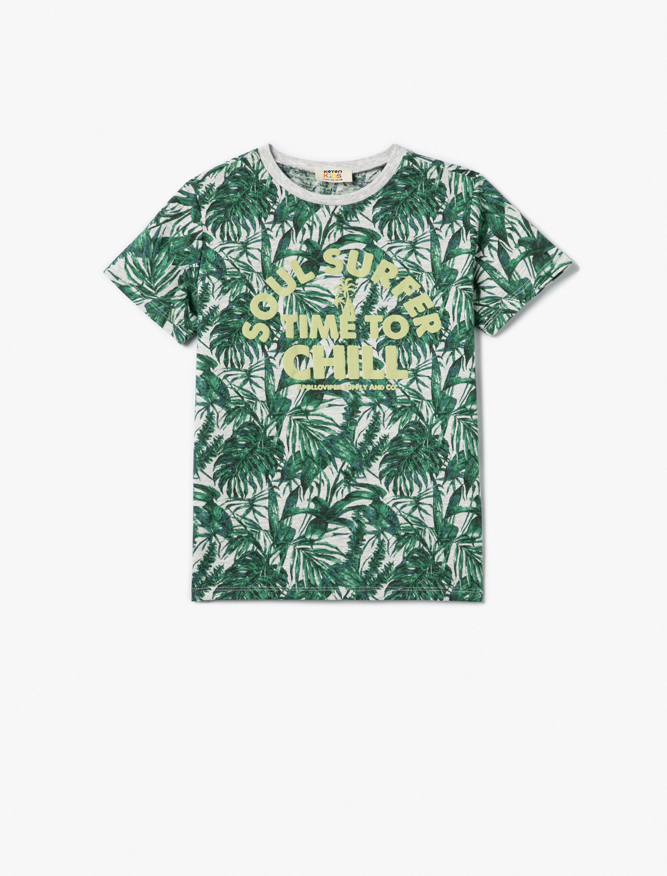  Erkek Çocuk Tişört Kısa Kollu Bisiklet Yaka Yaprak Baskılı Pamuklu