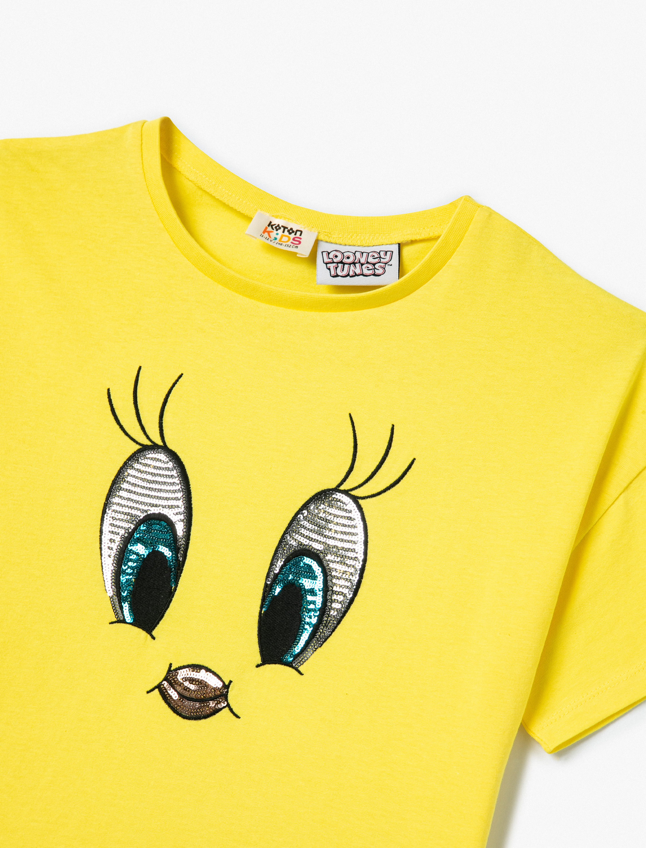  Kız Çocuk Tweety Tişört Lisanslı Pullu Payetli Kısa Kollu Bisiklet Yaka Pamuklu