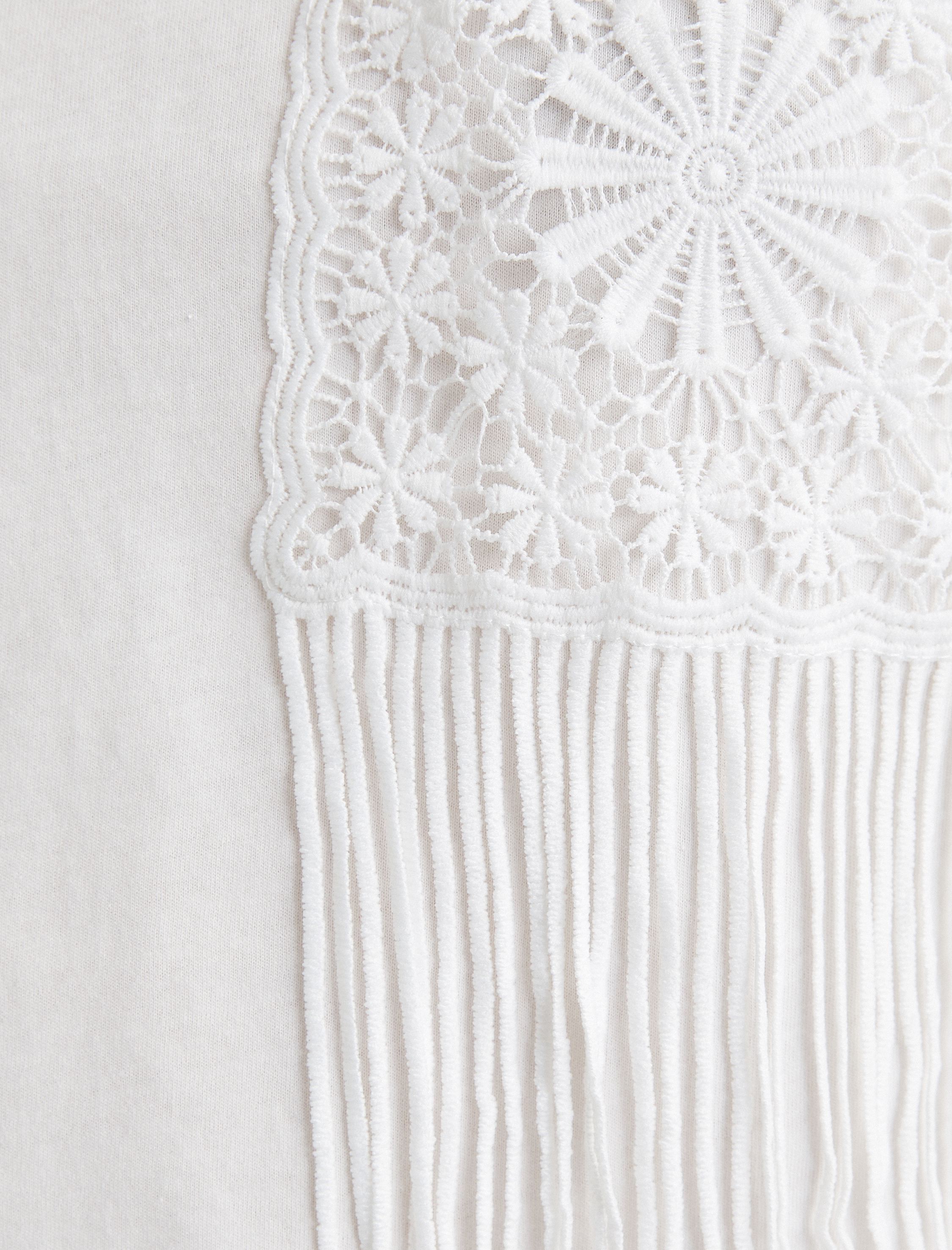   Püsküllü Dantel Detaylı Tişört Kısa Kollu Bisiklet Yaka Pamuklu