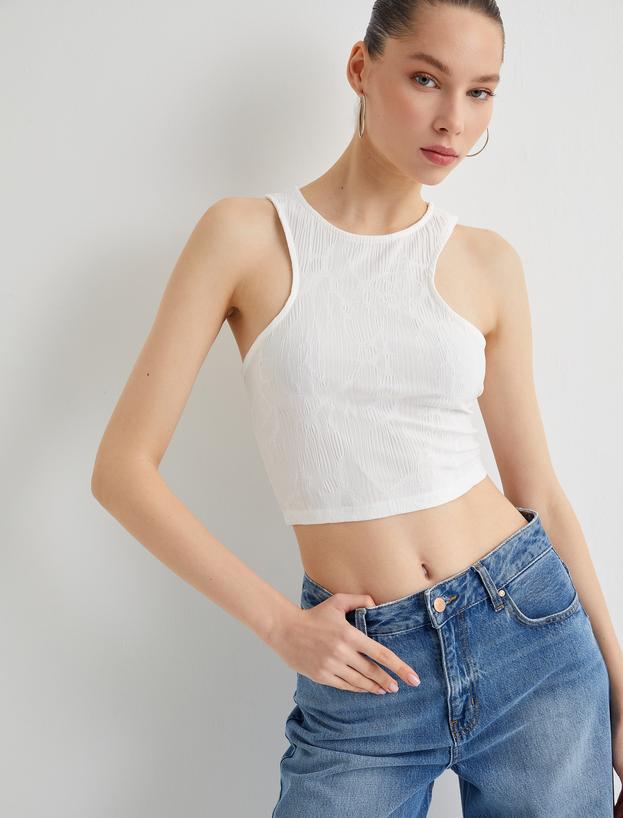 Asimetrik Crop Üst Dokulu Slim Fit Yuvarlak Yaka_0