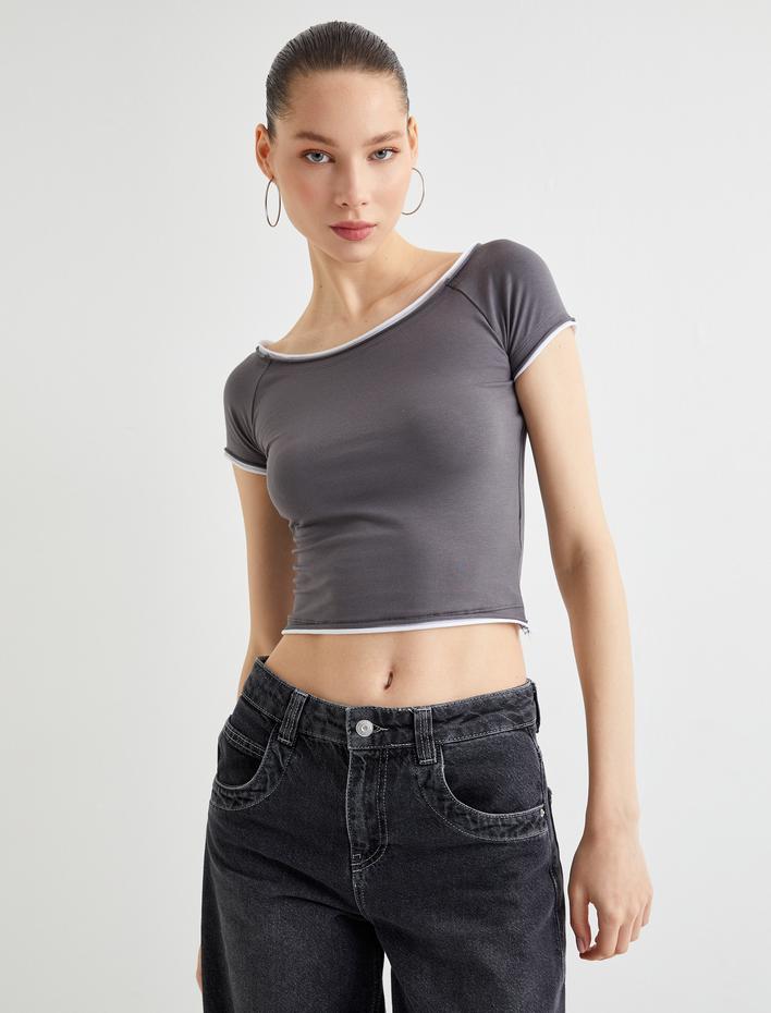  Crop Tişört Kısa Kollu Yuvarlak Yaka Pamuklu Slim Fit