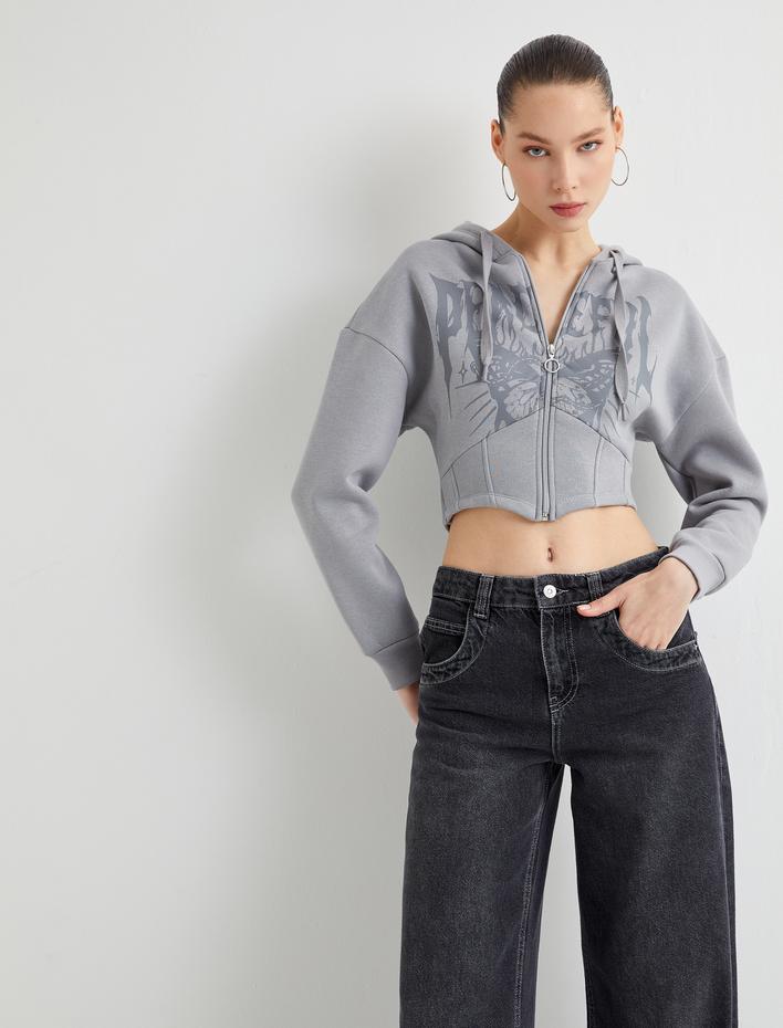  Şardonlu Crop Kapşonlu Sweatshirt Fermuarlı Baskılı Korse Görünümlü
