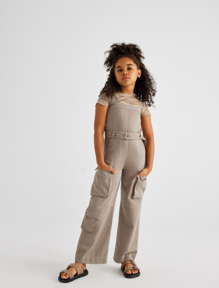 Kız Çocuk Askılı Tulum Tam Boy Kargo Cepli