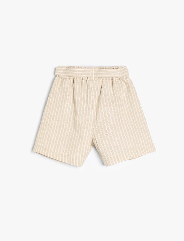 Kız Çocuk Keten Karışımlı Şort Beli Lastikli Kemer Detaylı Cepli