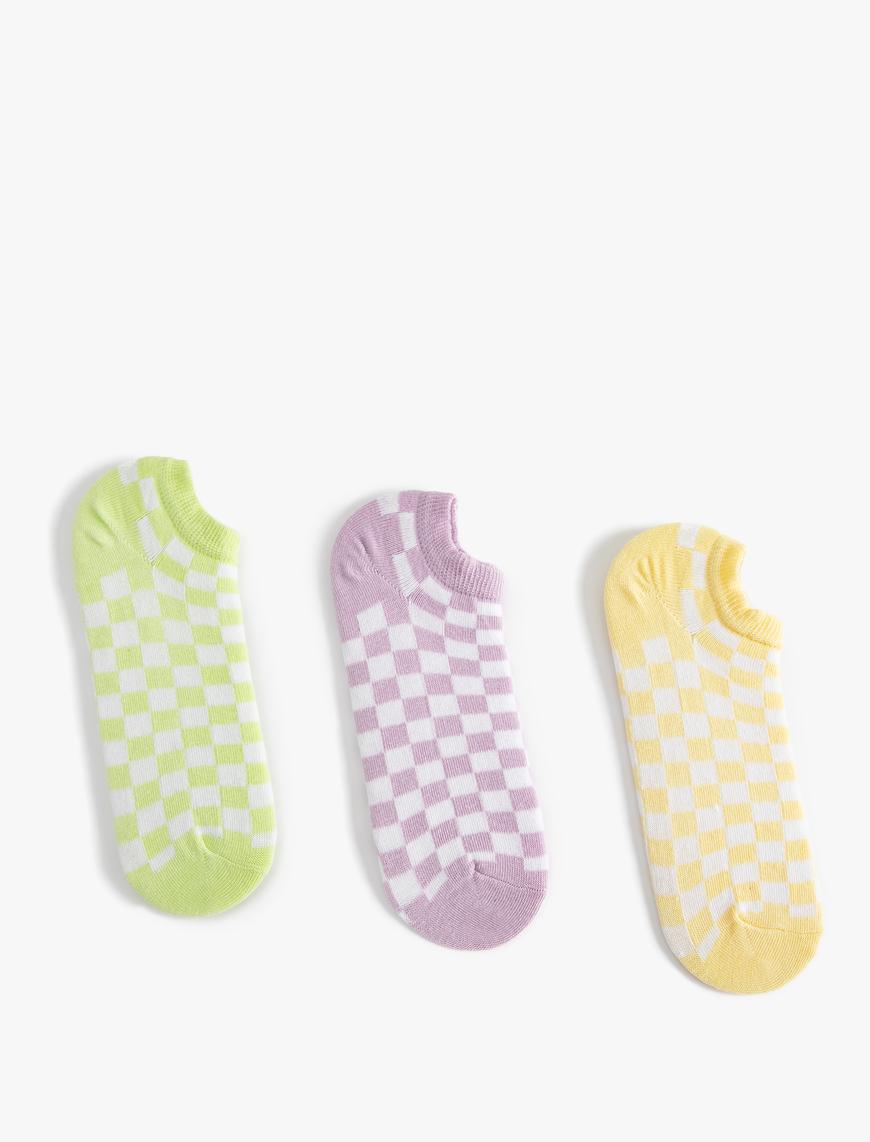  Kadın 3'lü Patik Çorap Seti Dama Desenli Çok Renkli