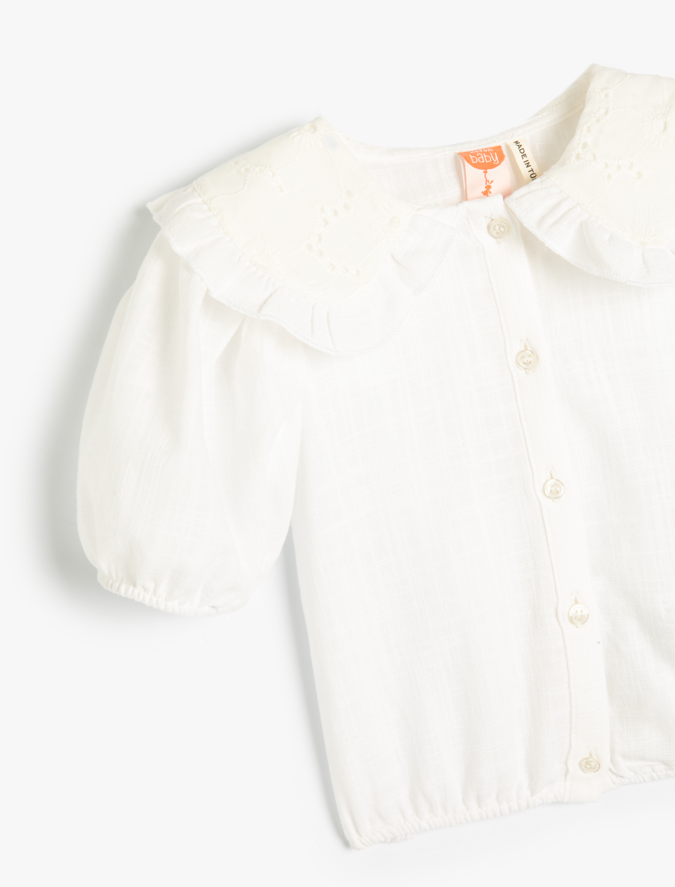  Kız Bebek Crop Gömlek Geniş Bebe Yaka Kısa Balon Kollu Pamuklu