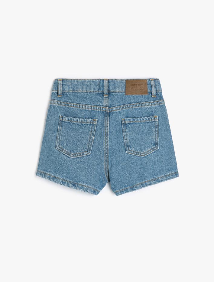 Kız Çocuk Kot Şort Çiçek İşlemeli Pamuklu