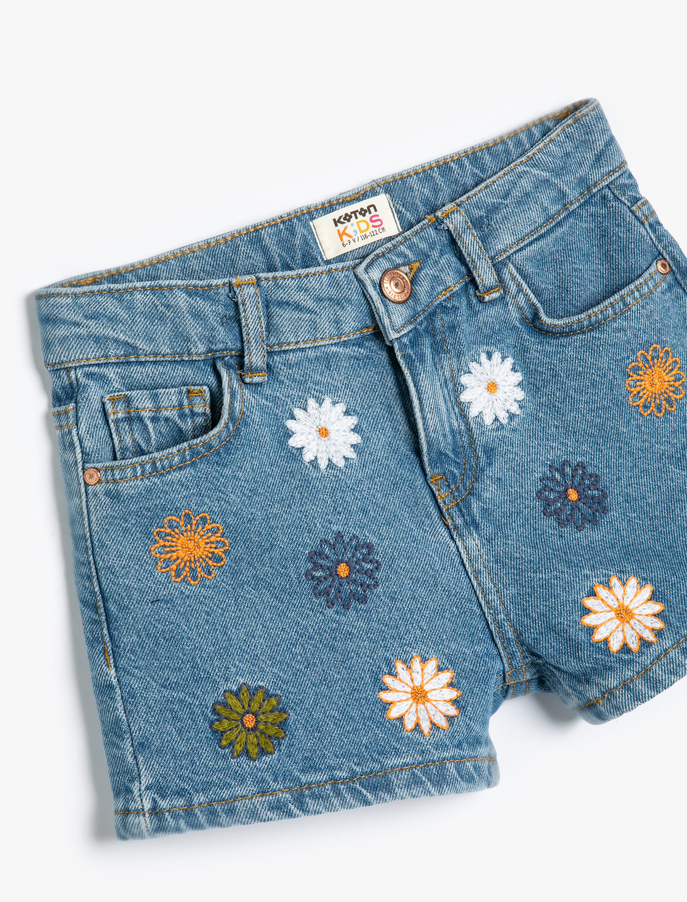 Kız Çocuk Kot Şort Çiçek İşlemeli Pamuklu