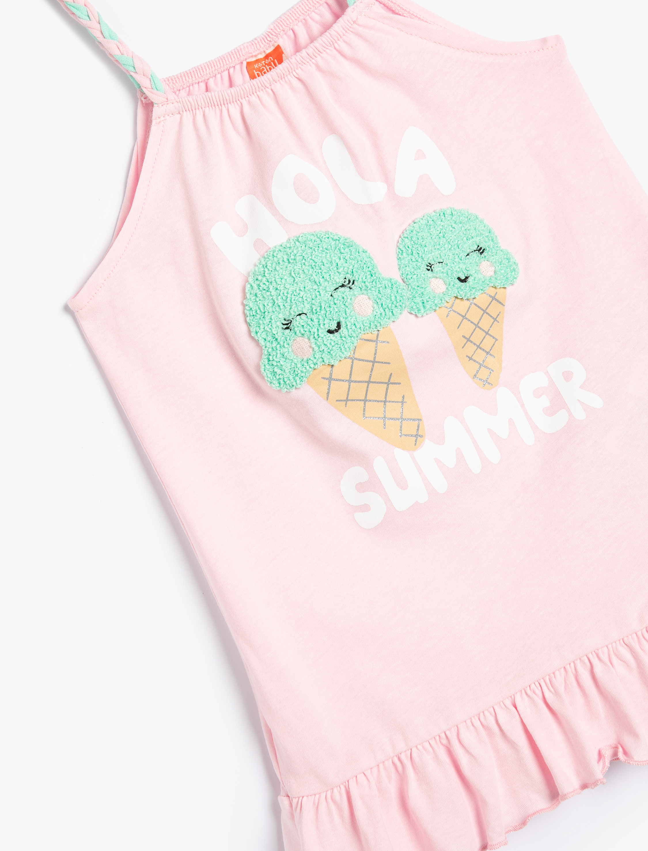  Kız Bebek Elbise Askılı Baskılı Fırfır Detaylı Pamuklu