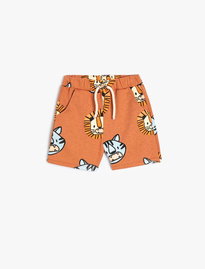 Erkek Bebek Şort Pamuklu Beli Bağlamalı Aslan Baskılı Cepli