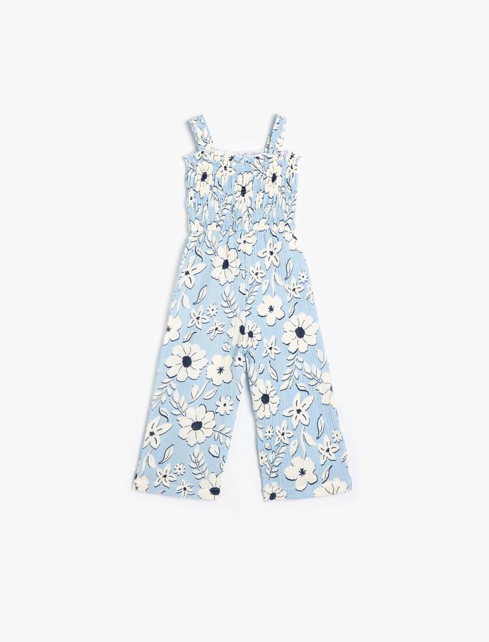 Kız Bebek Çiçekli Tulum Bol Paça Askılı Dokulu Pamuklu