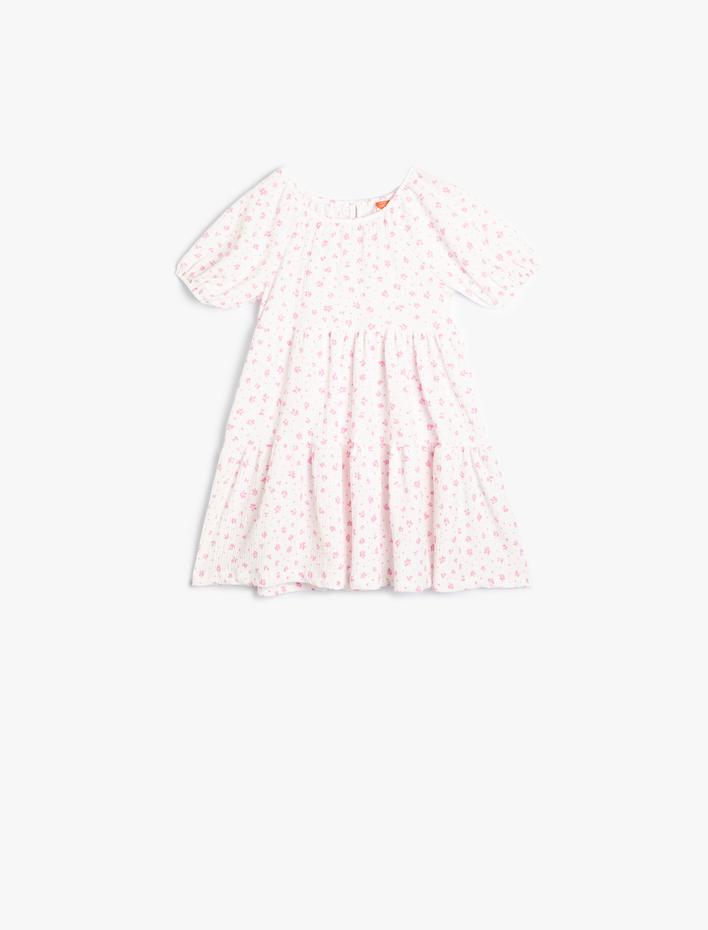 Kız Bebek Çiçekli Elbise Kısa Balon Kollu Yuvarlak Yaka Katlı