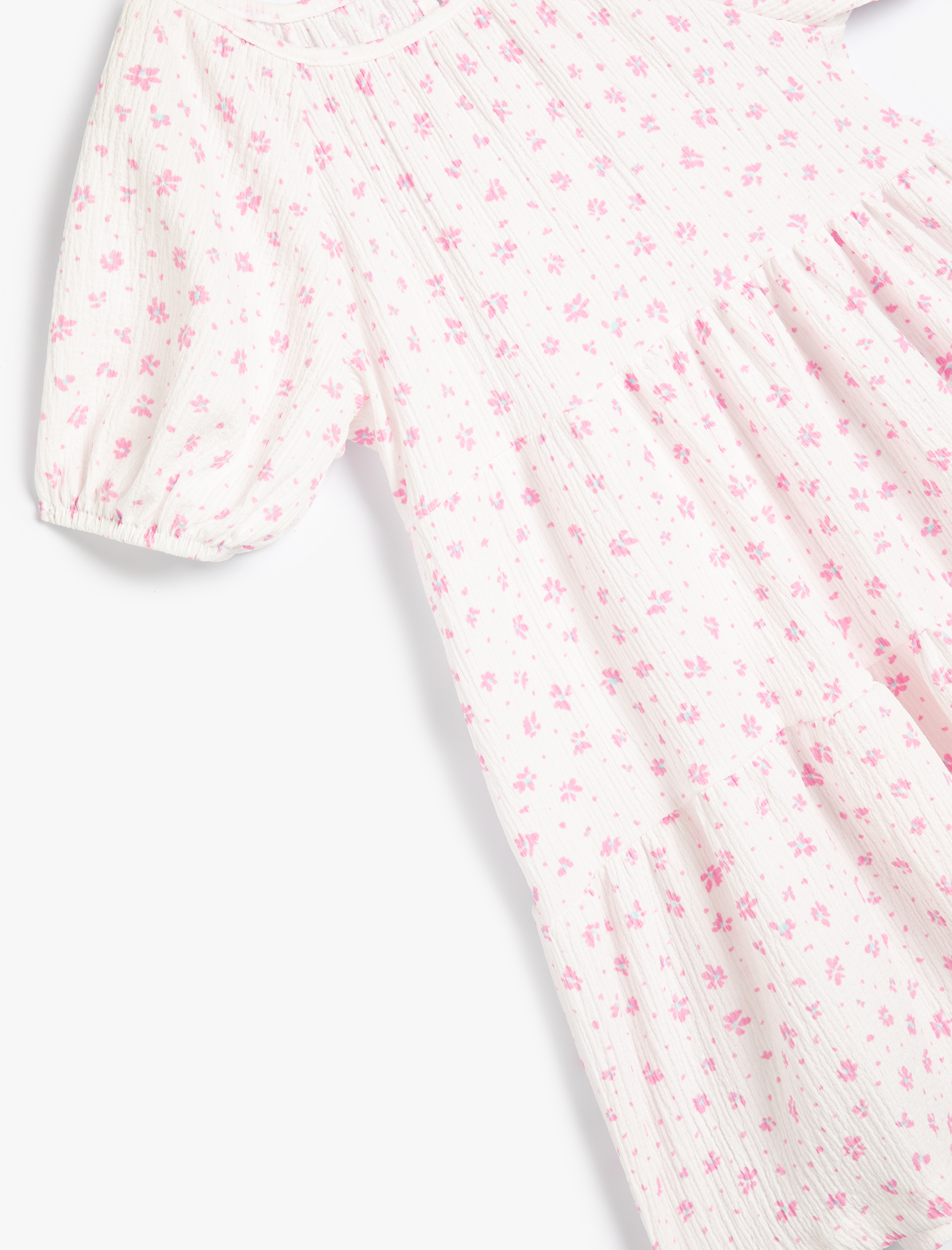  Kız Bebek Çiçekli Elbise Kısa Balon Kollu Yuvarlak Yaka Katlı