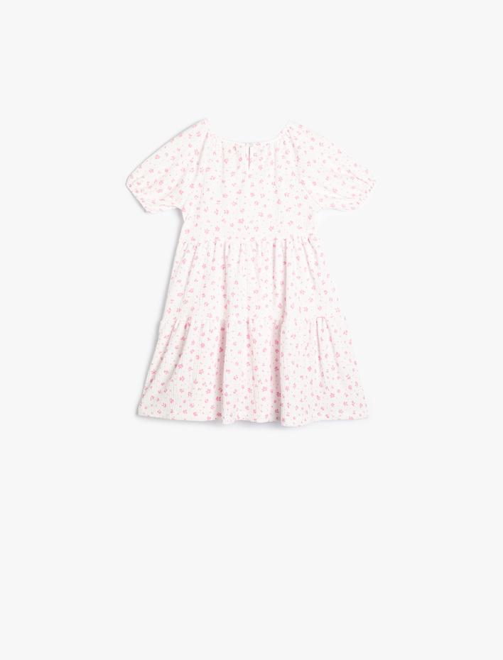 Kız Bebek Çiçekli Elbise Kısa Balon Kollu Yuvarlak Yaka Katlı