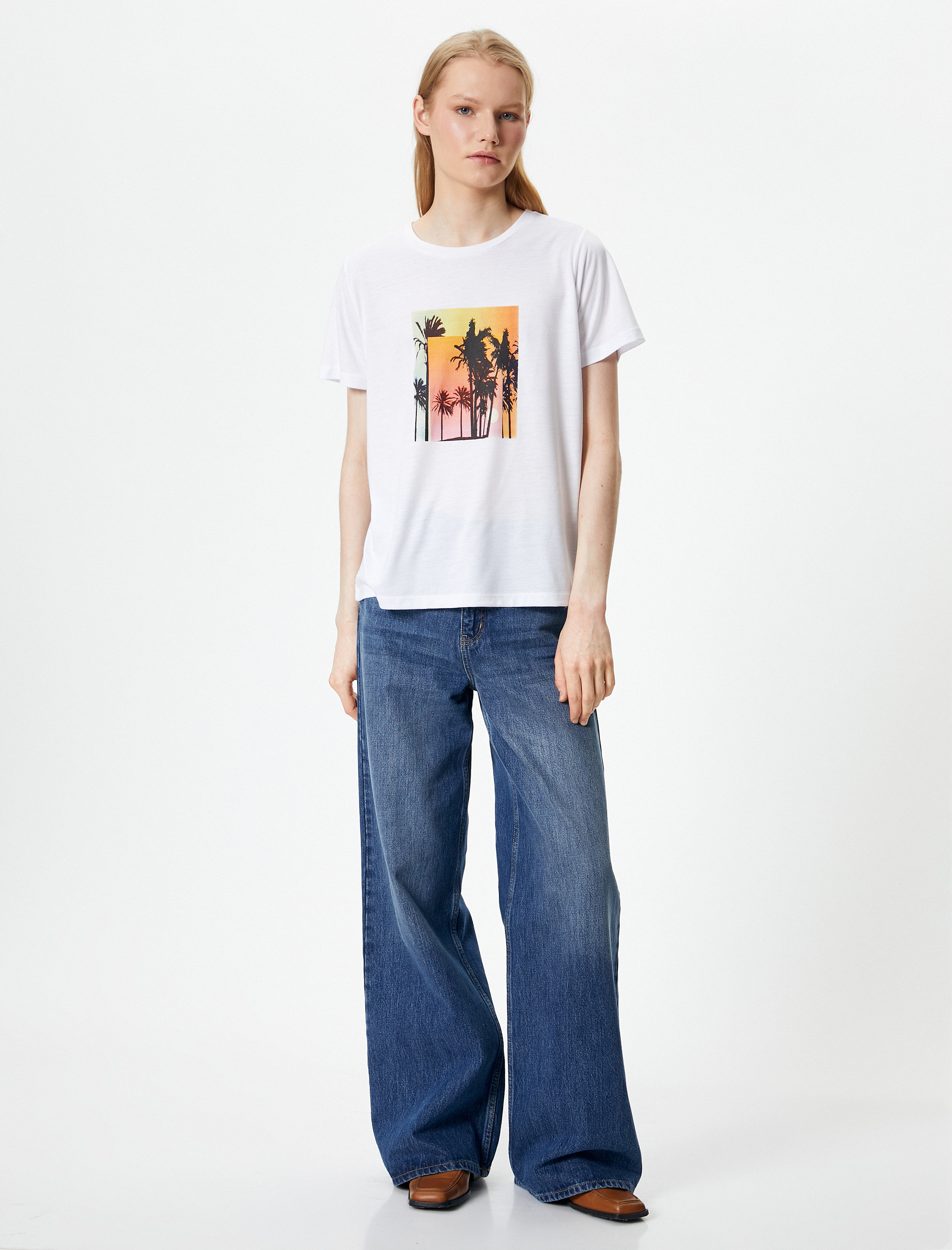   Baskılı Tişört Bisiklet Yaka Kısa Kollu Pamuklu