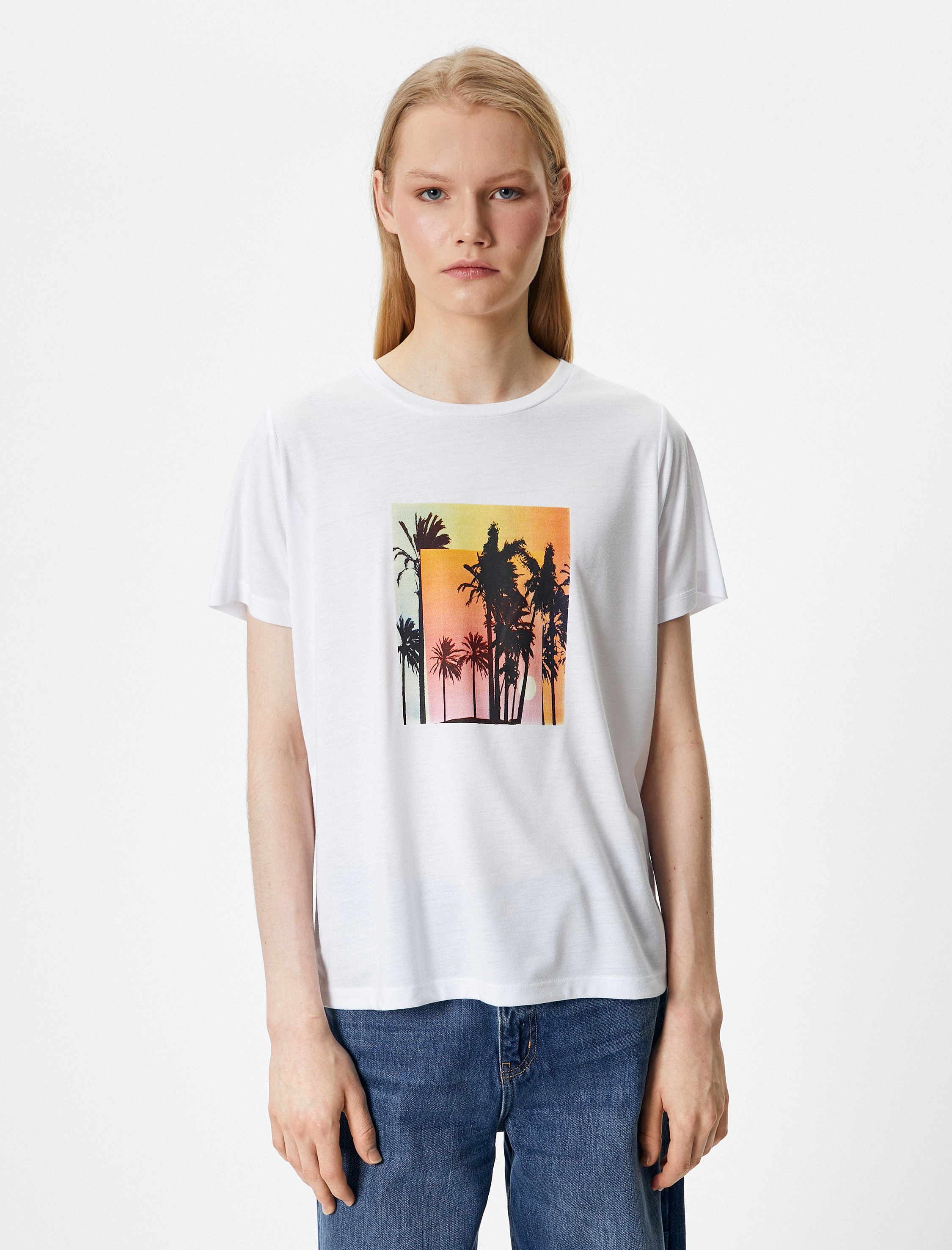   Baskılı Tişört Bisiklet Yaka Kısa Kollu Pamuklu