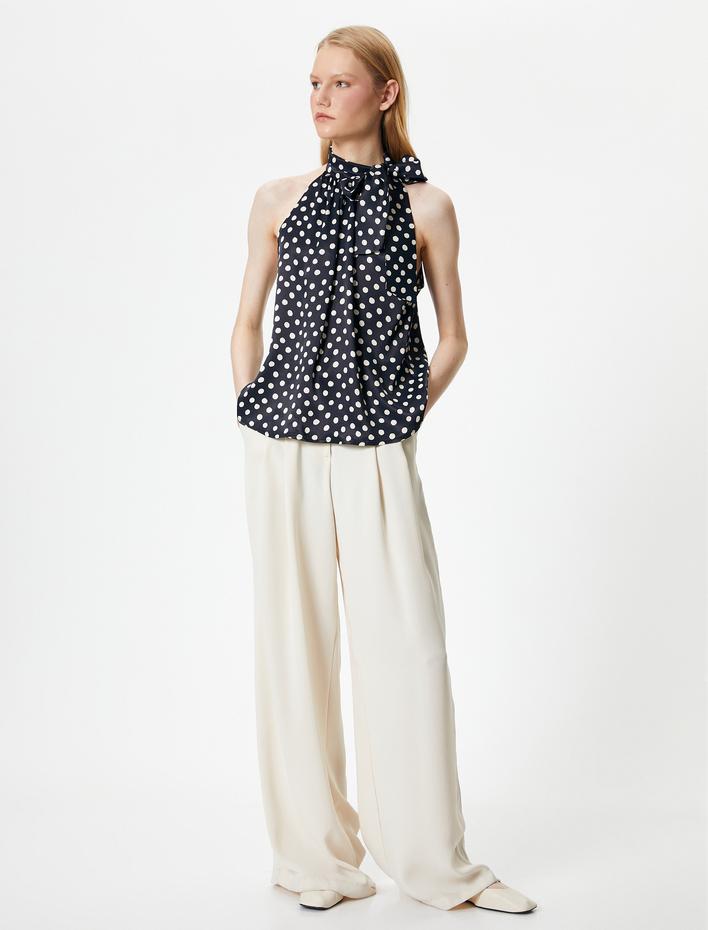  Puantiyeli Bluz Halter Yaka Fularlı Viskon