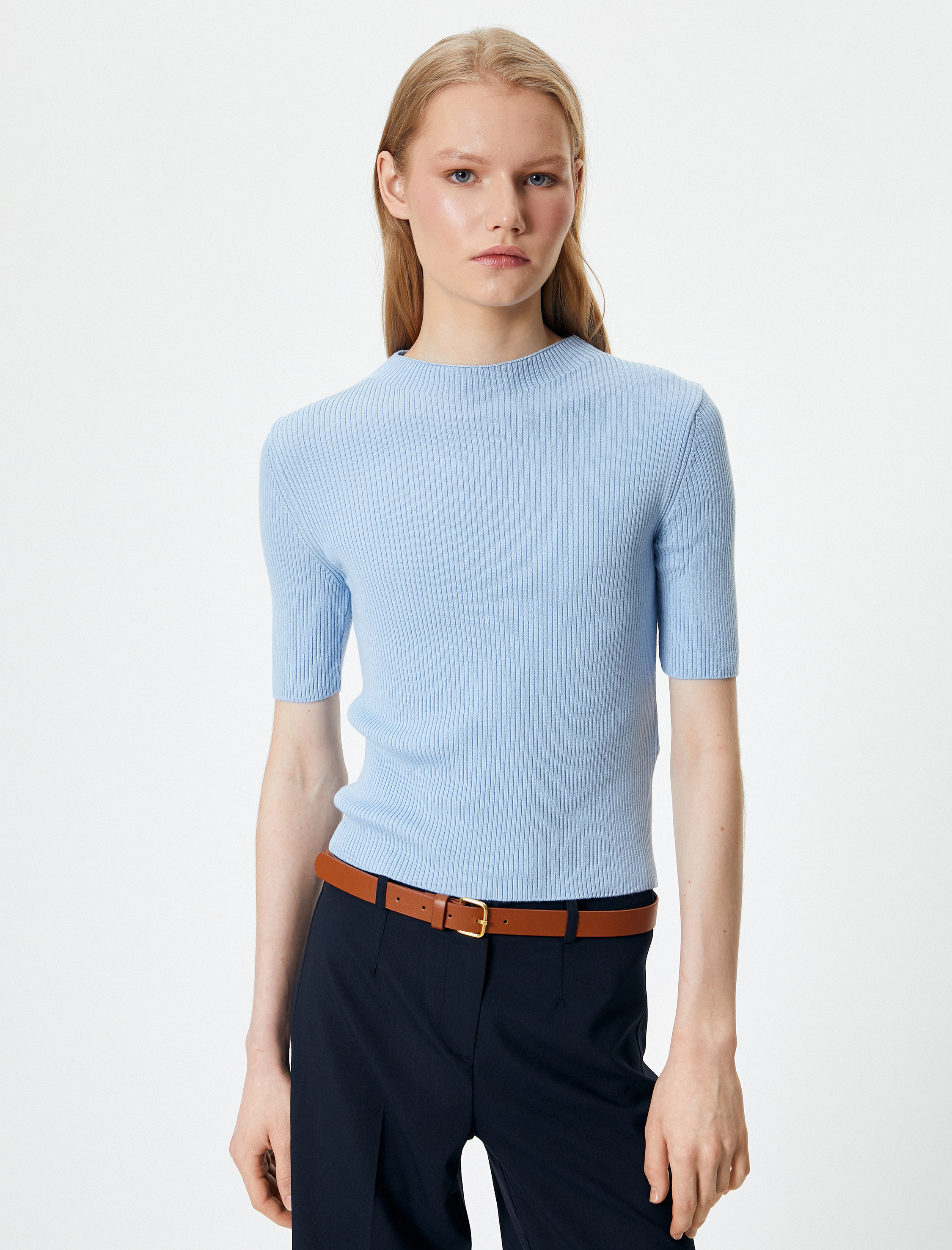   Triko Kazak Kısa Kollu Fitilli Yuvarlak Yaka