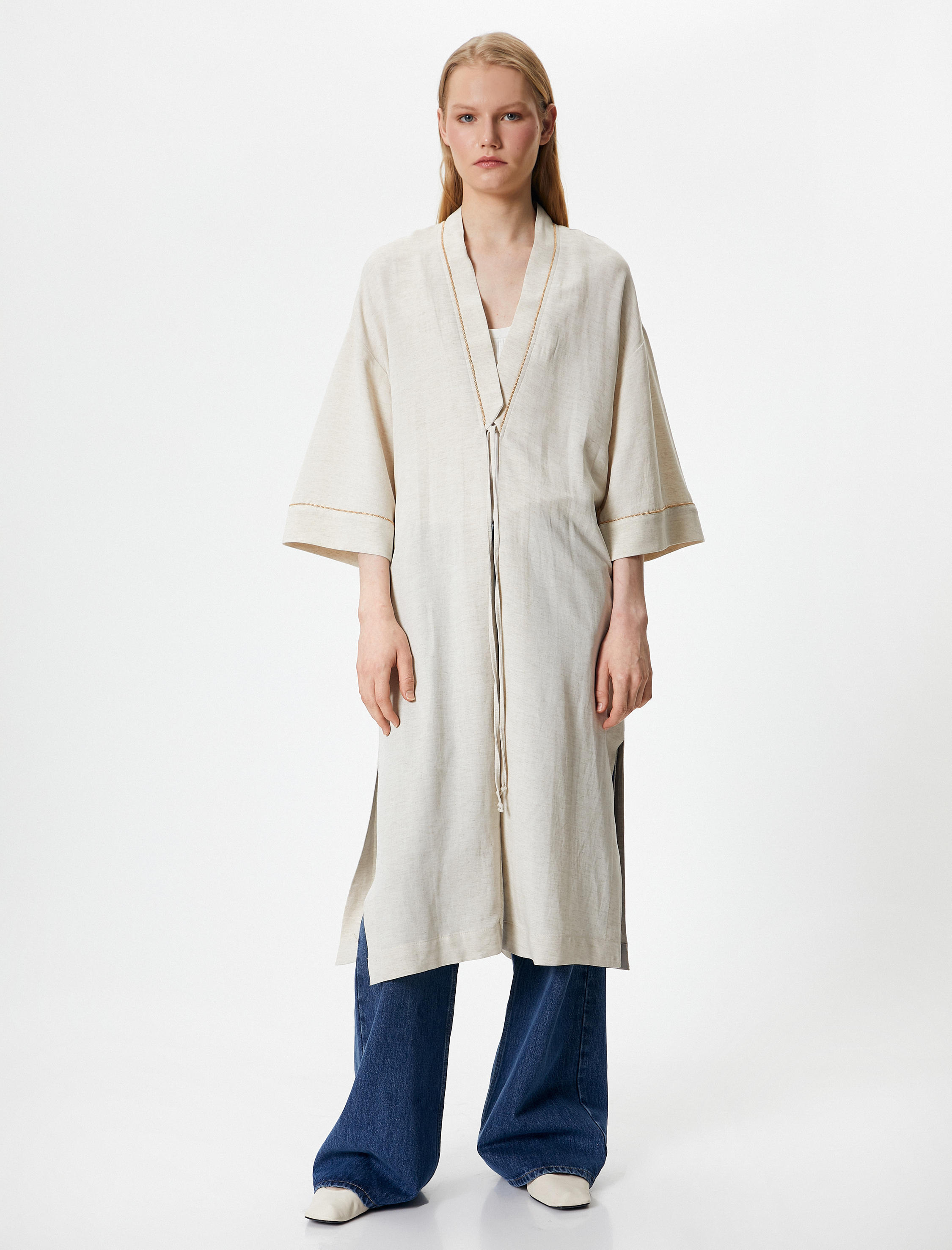 Uzun Kimono Keten ve Viskon Karışımlı Yarım Kollu