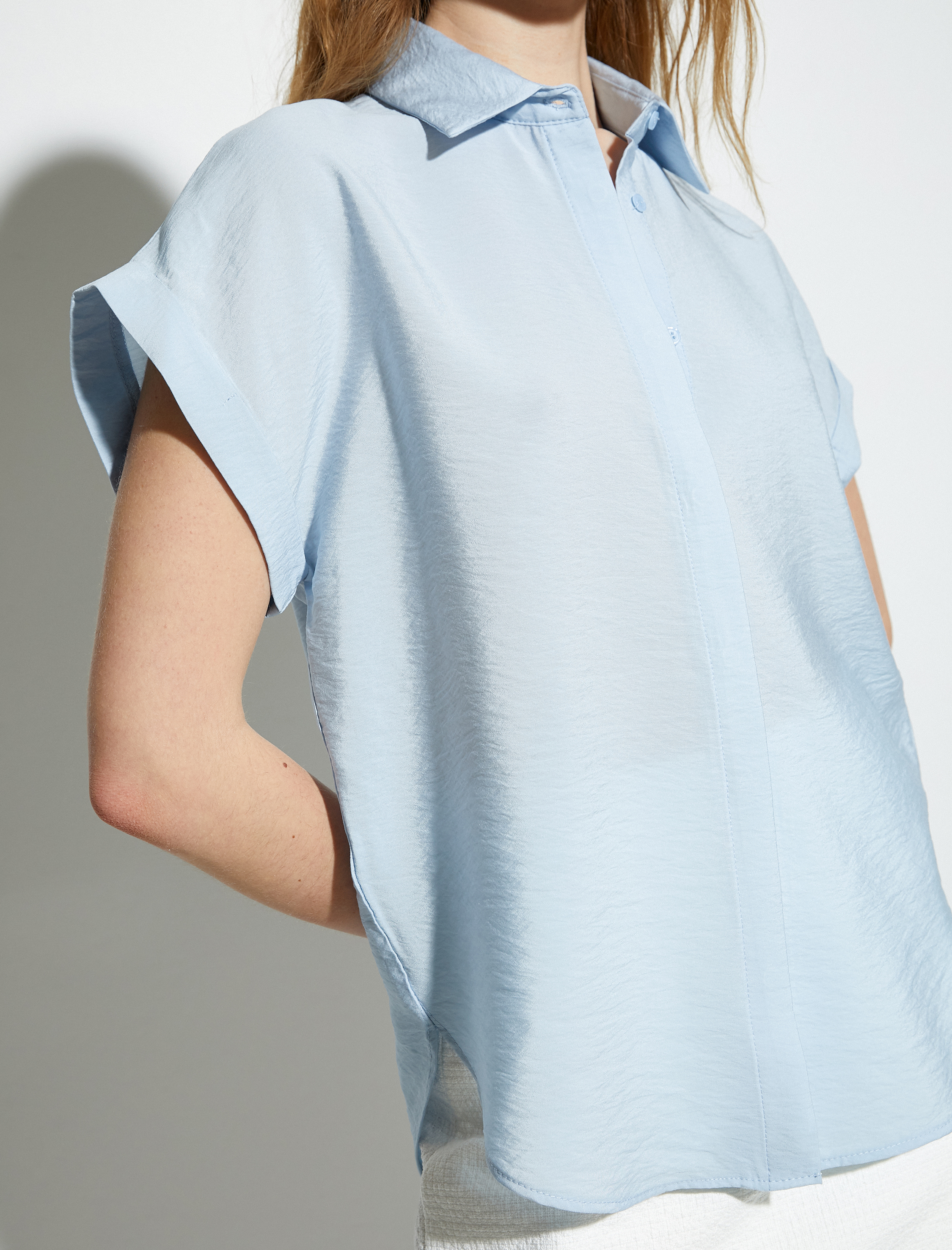   Kısa Kollu Gömlek Viskon Klasik Yaka Dokulu