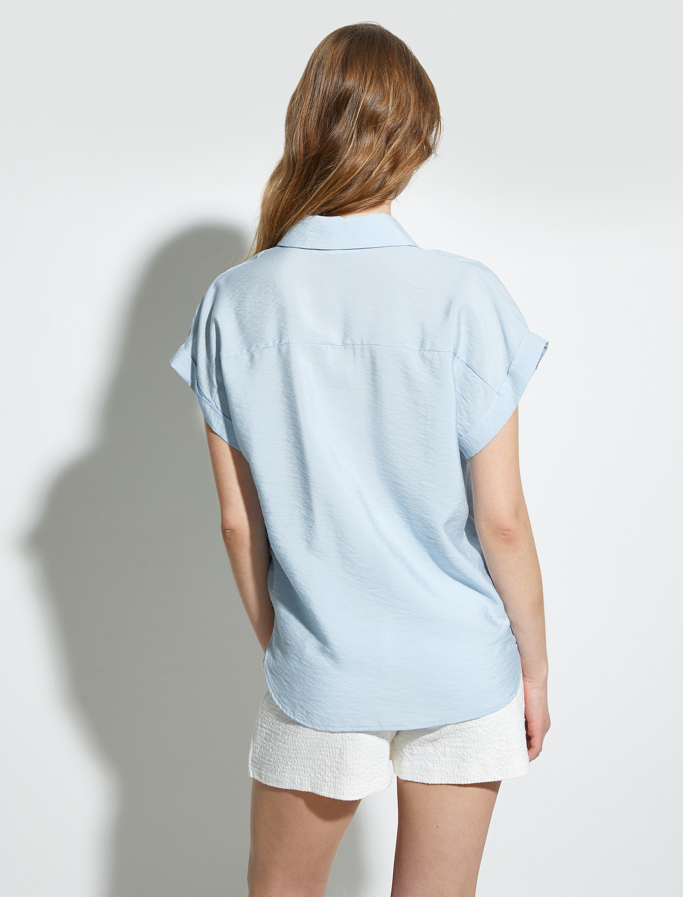   Kısa Kollu Gömlek Viskon Klasik Yaka Dokulu