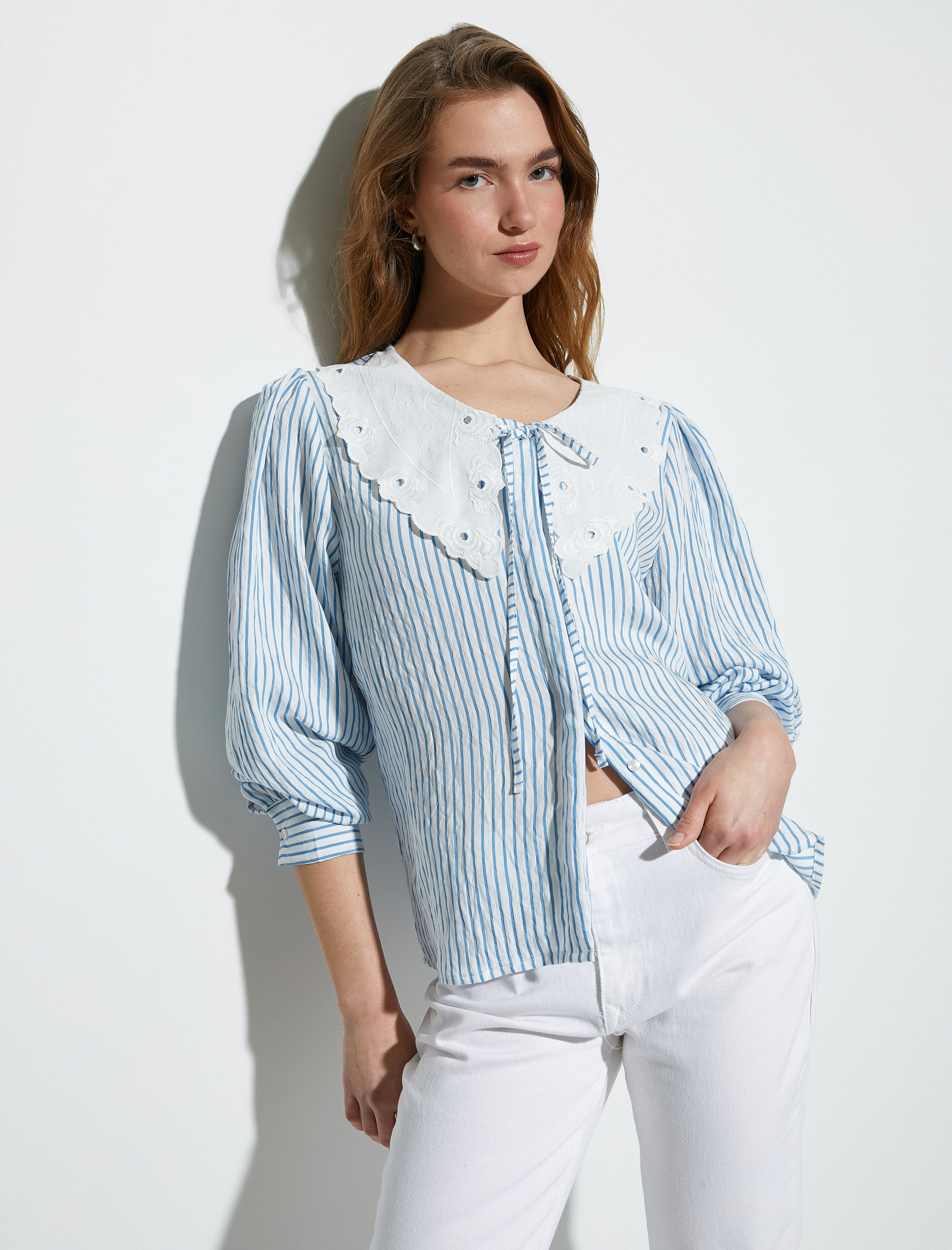   Bebe Yaka Poplin Gömlek Balon Kollu Bağlama Detaylı