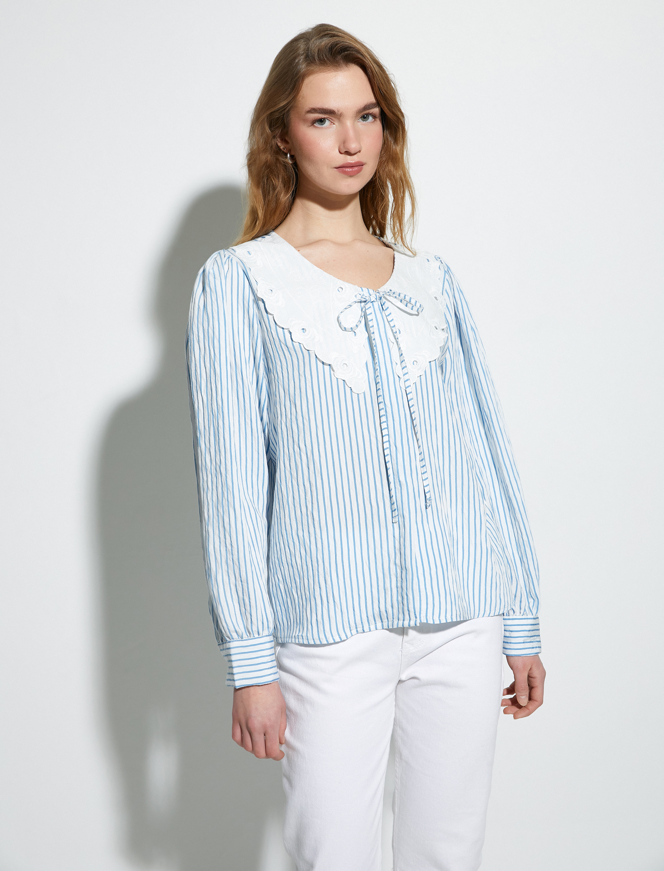   Bebe Yaka Poplin Gömlek Balon Kollu Bağlama Detaylı