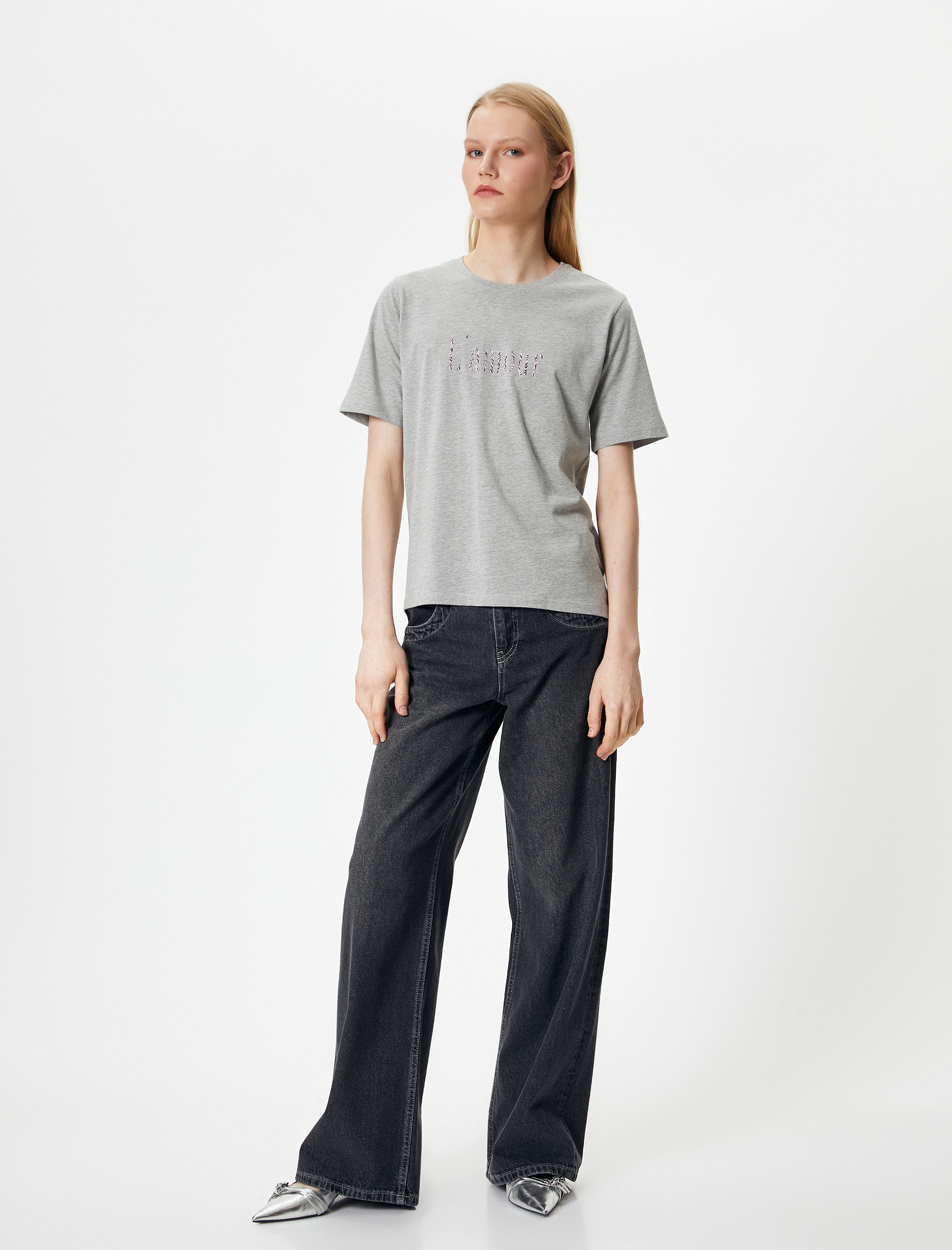   Slogan Baskılı Tişört Kısa Kollu Bisiklet Yaka Pamuklu