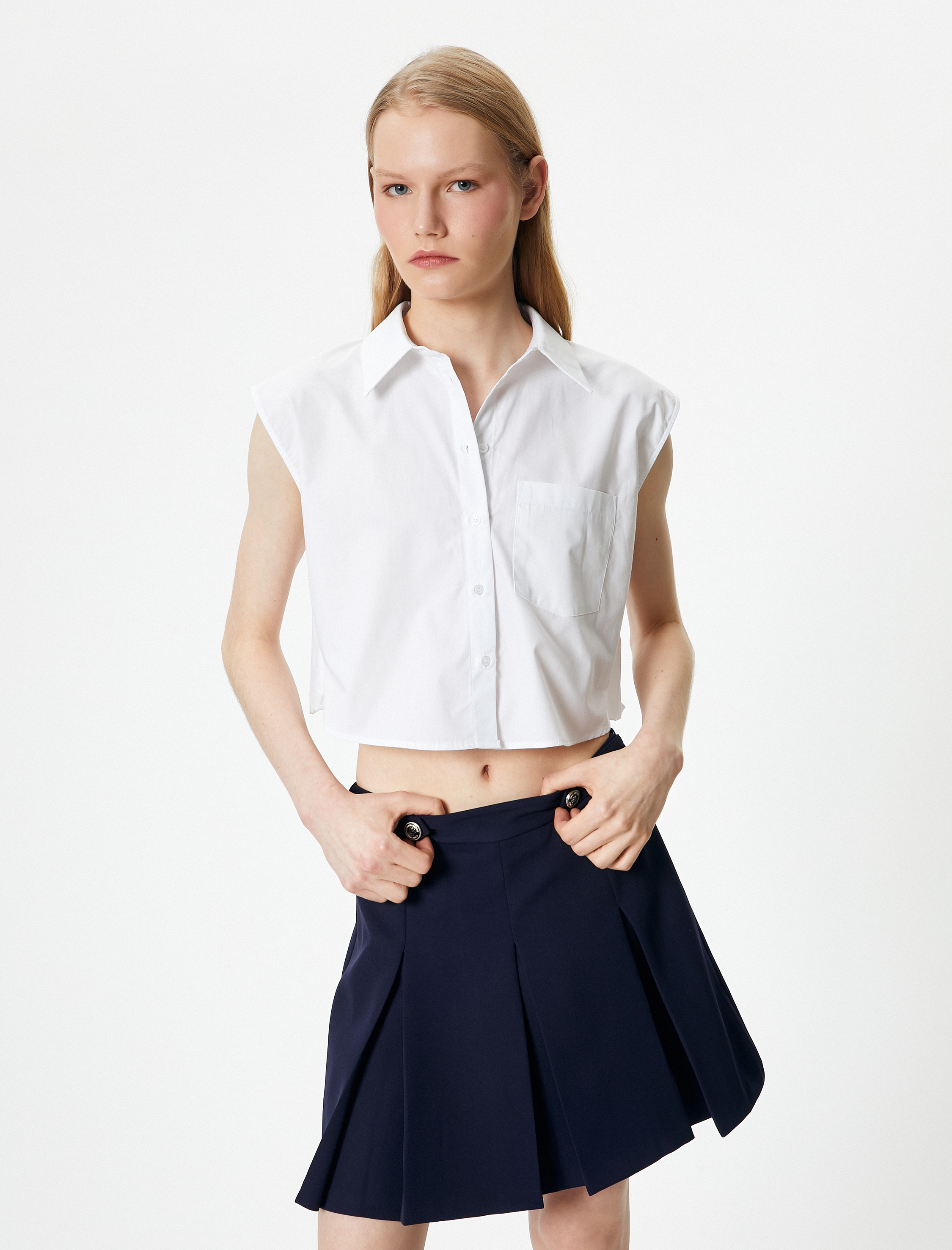   Crop Gömlek Kısa Kollu Düğmeli Cep Detaylı Pamuklu