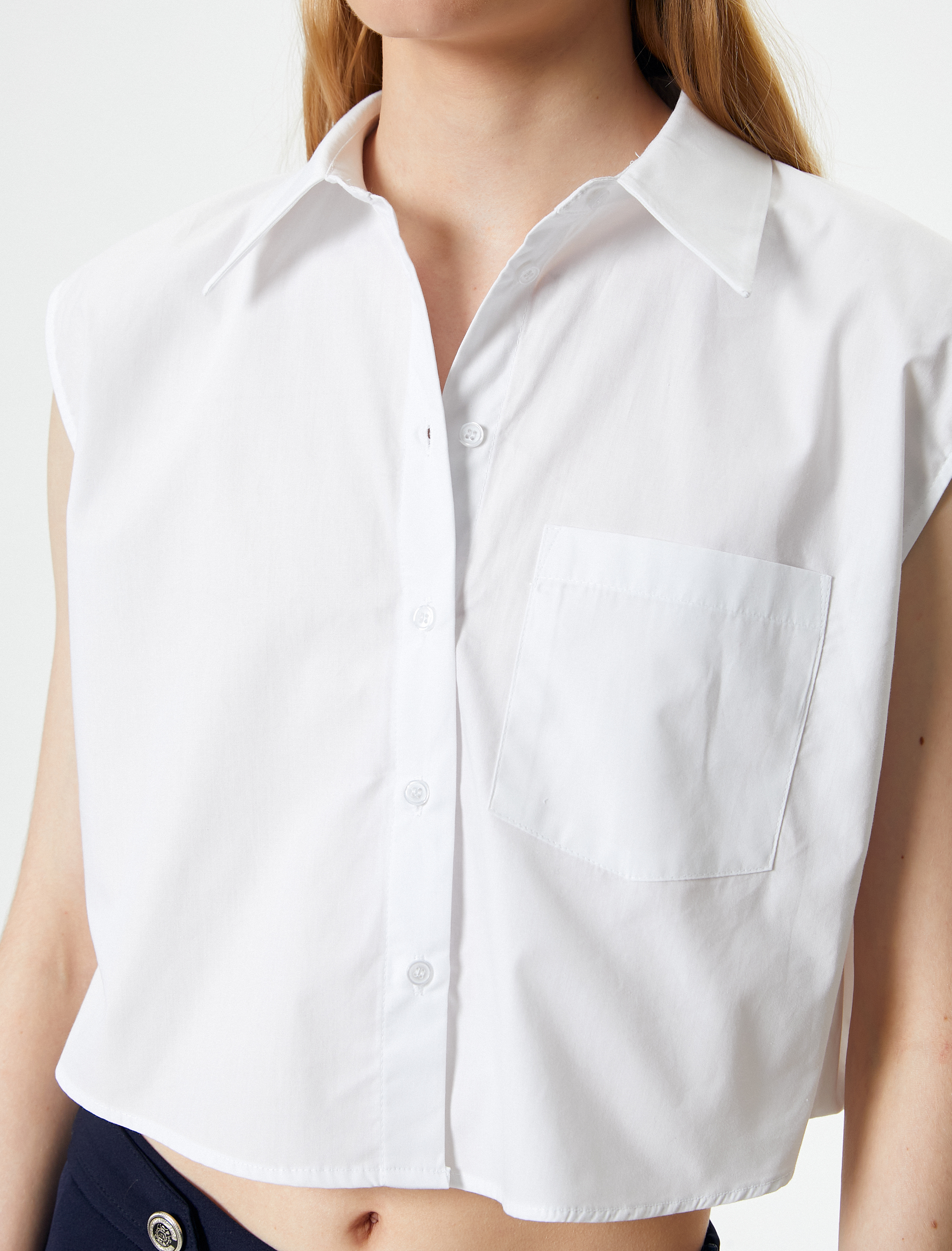   Crop Gömlek Kısa Kollu Düğmeli Cep Detaylı Pamuklu