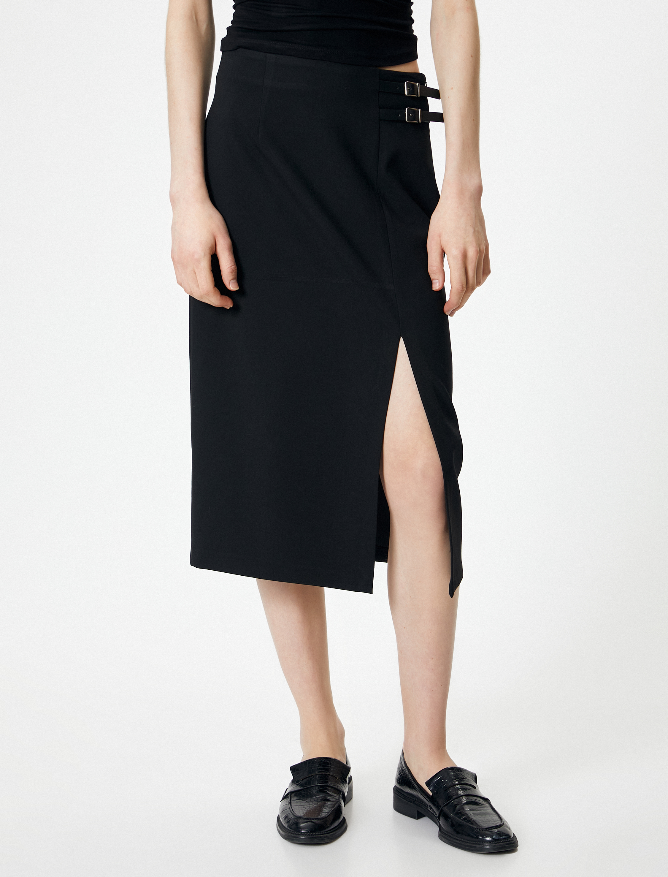   Midi Etek Yırtmaç Detaylı Tokalı Normal Bel