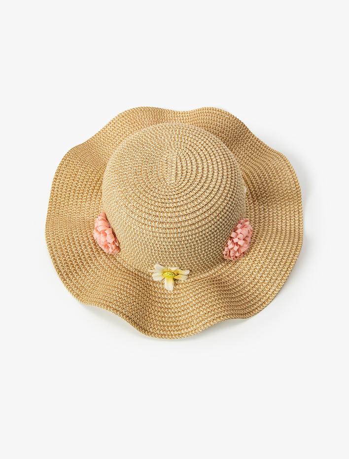 Kız Çocuk Hasır Şapka Çiçek Aplike Detaylı