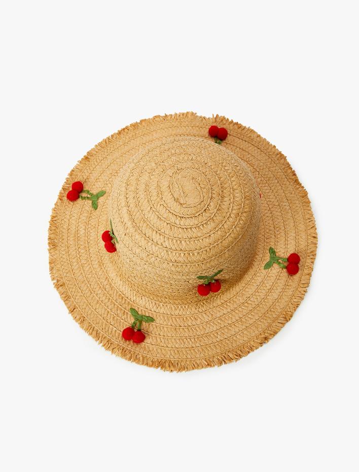 Kız Çocuk Kiraz Aplikeli Hasır Şapka
