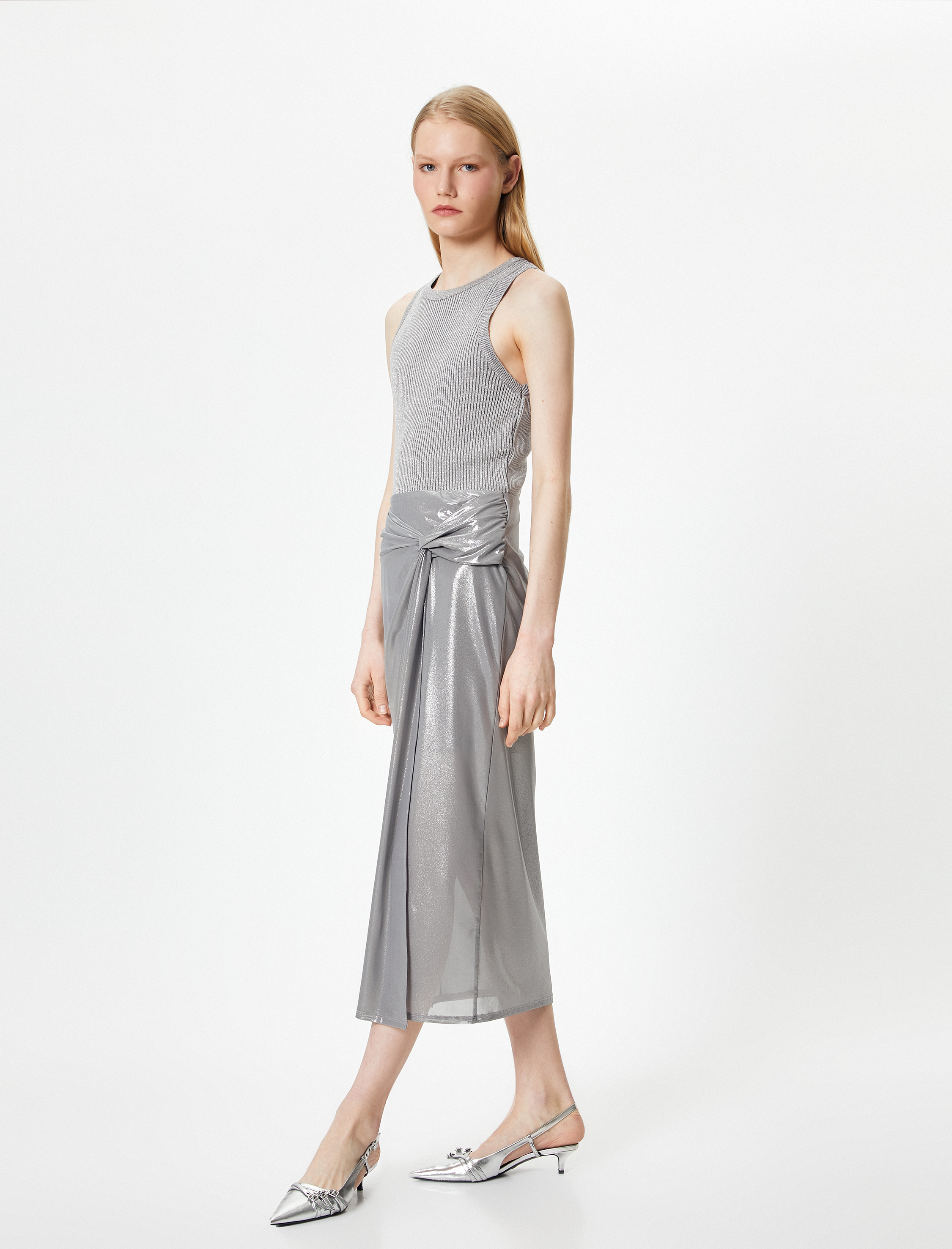   Metalik Midi Etek Düğüm Detaylı Normal Bel