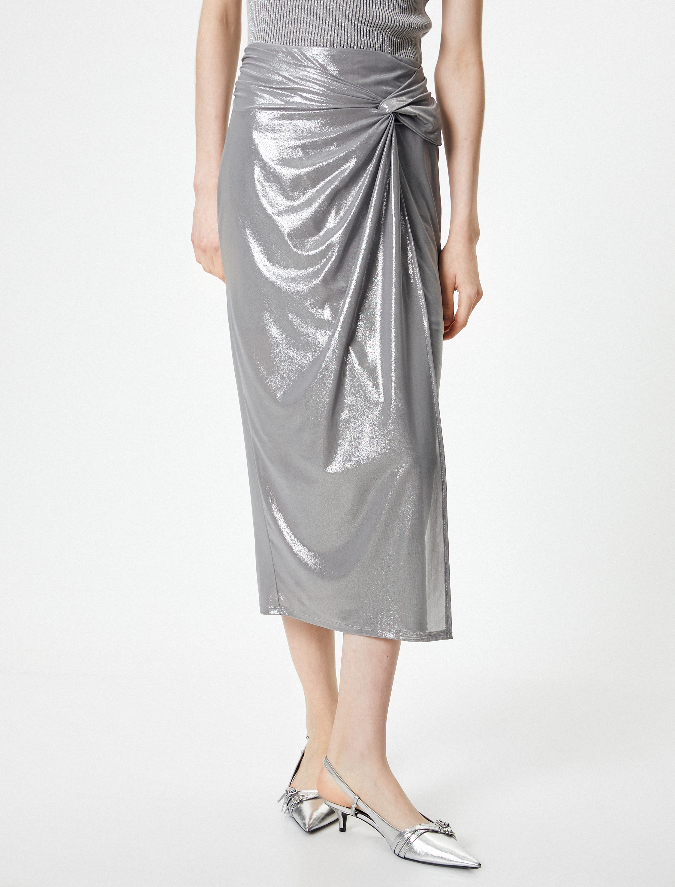   Metalik Midi Etek Düğüm Detaylı Normal Bel