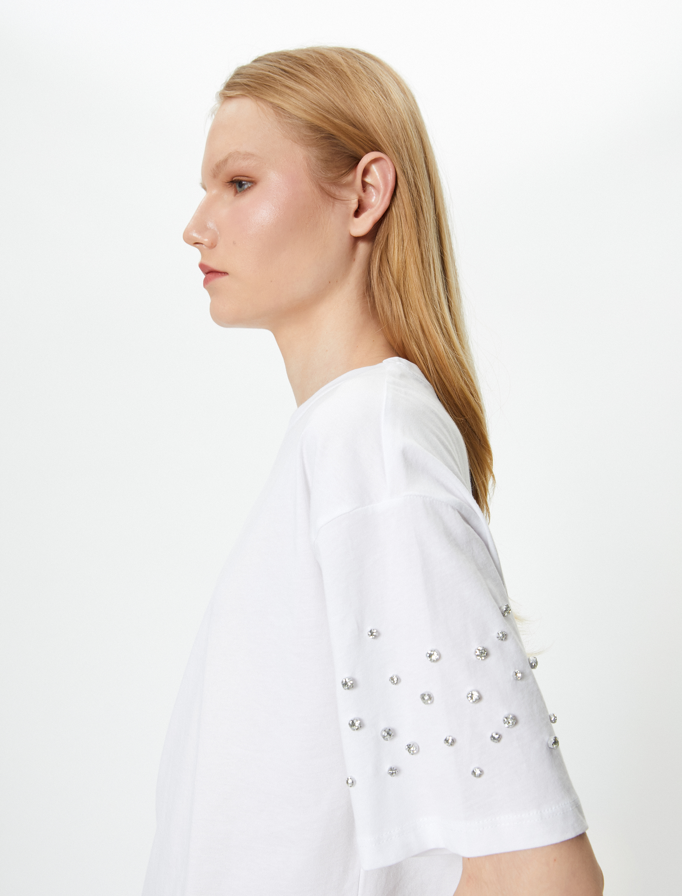   Parlak Taşlı Tişört Bisiklet Yaka Kısa Kollu Pamuklu