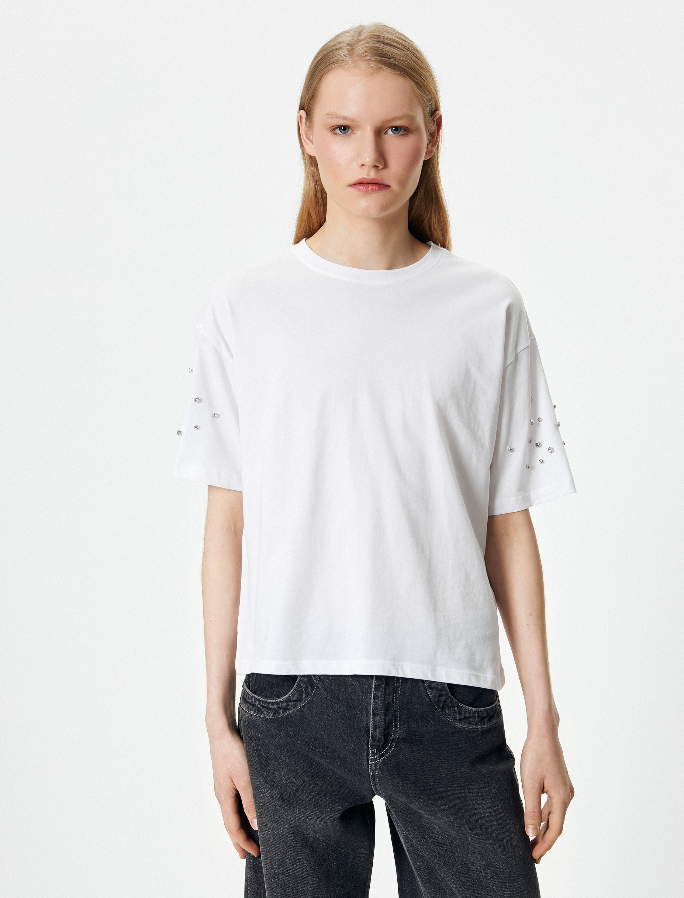   Parlak Taşlı Tişört Bisiklet Yaka Kısa Kollu Pamuklu