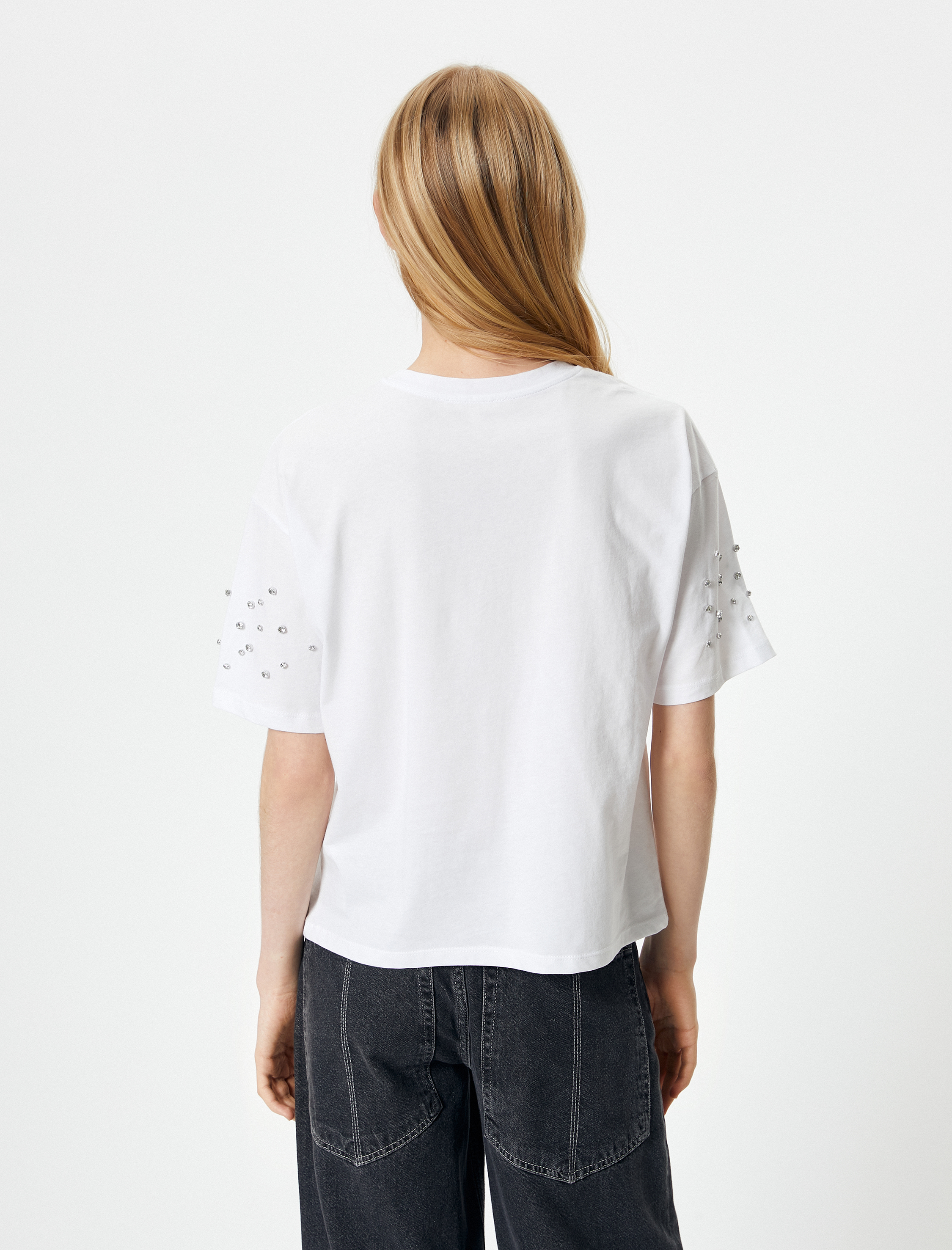   Parlak Taşlı Tişört Bisiklet Yaka Kısa Kollu Pamuklu