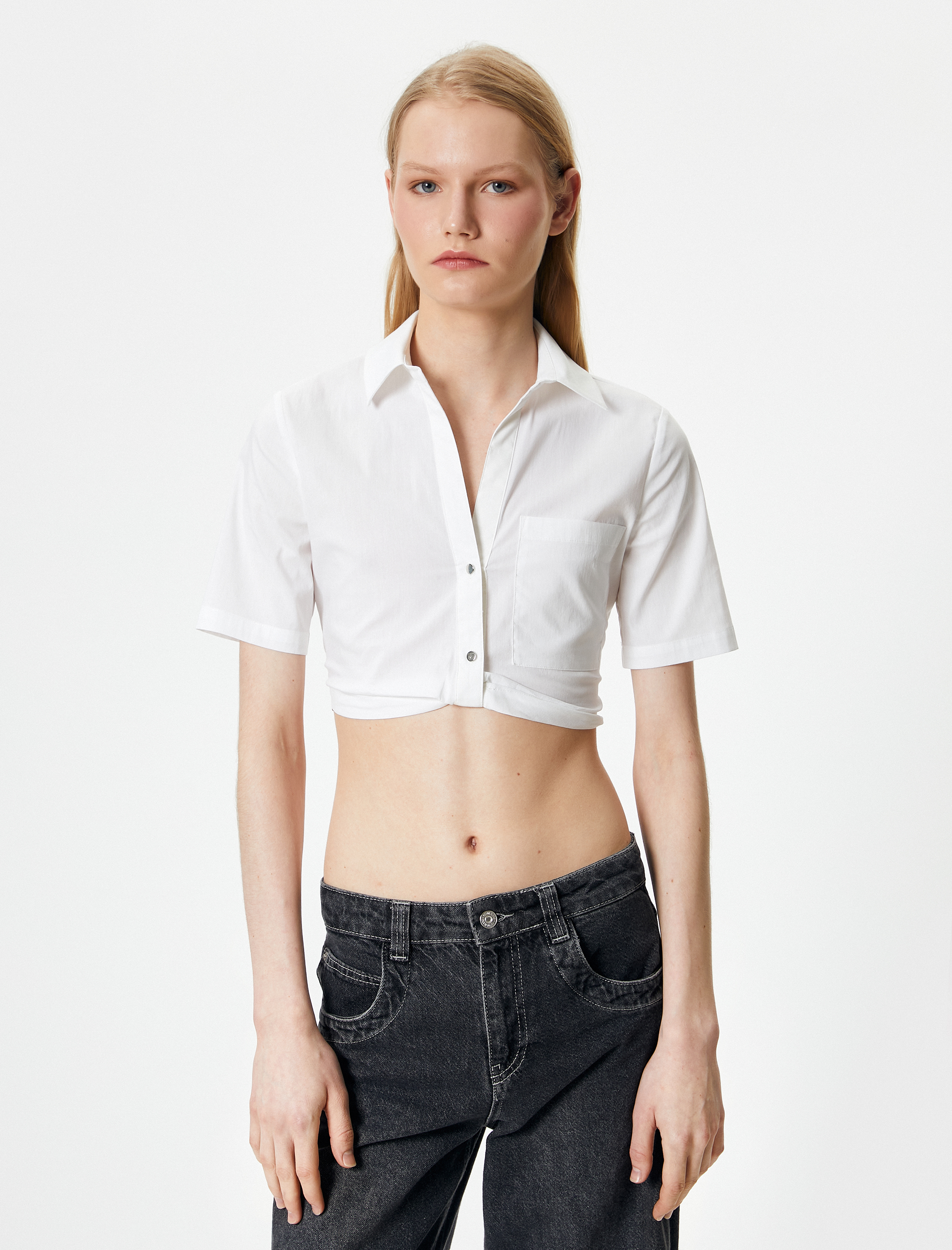   Crop Gömlek Kısa Kollu Cep Detaylı