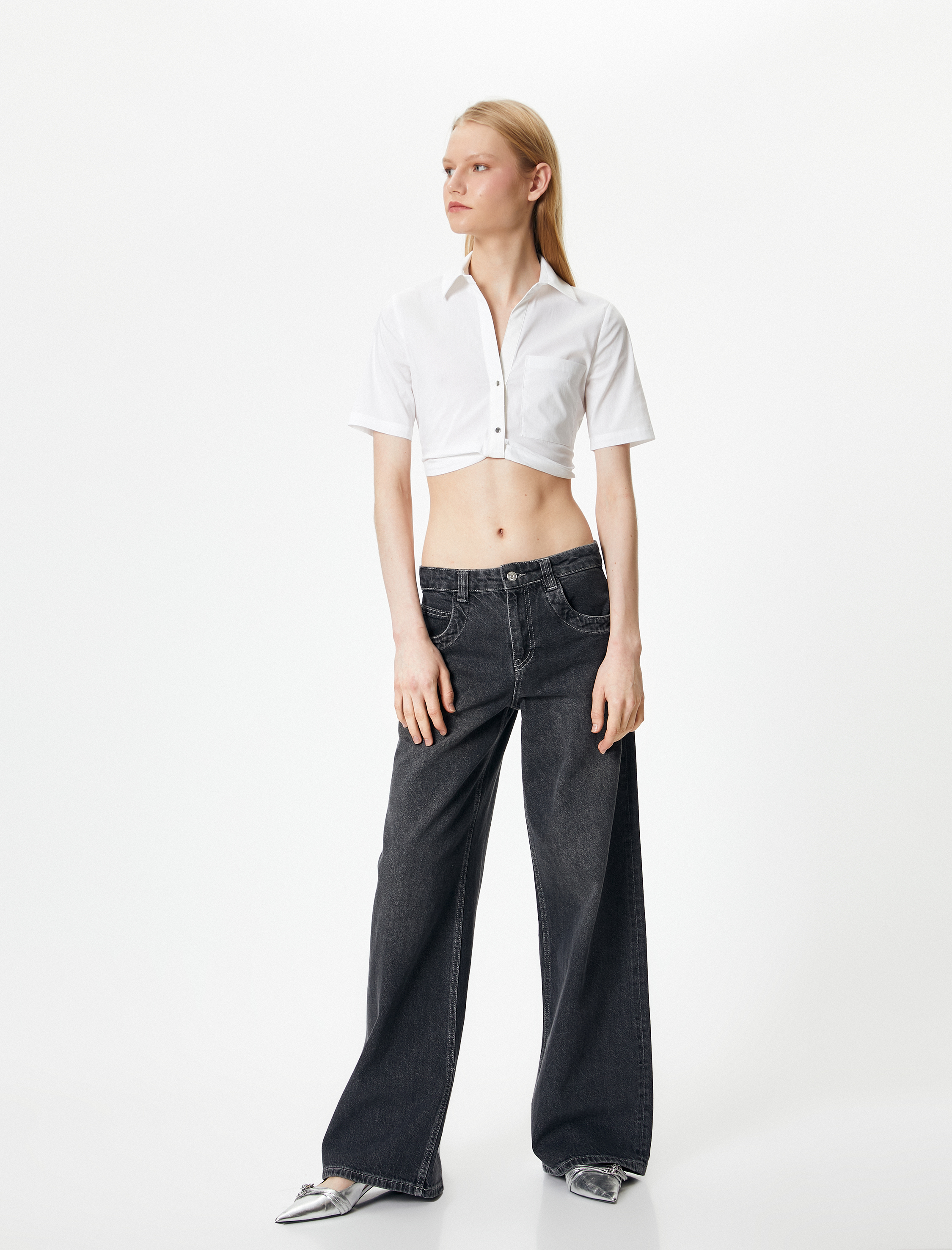   Crop Gömlek Kısa Kollu Cep Detaylı