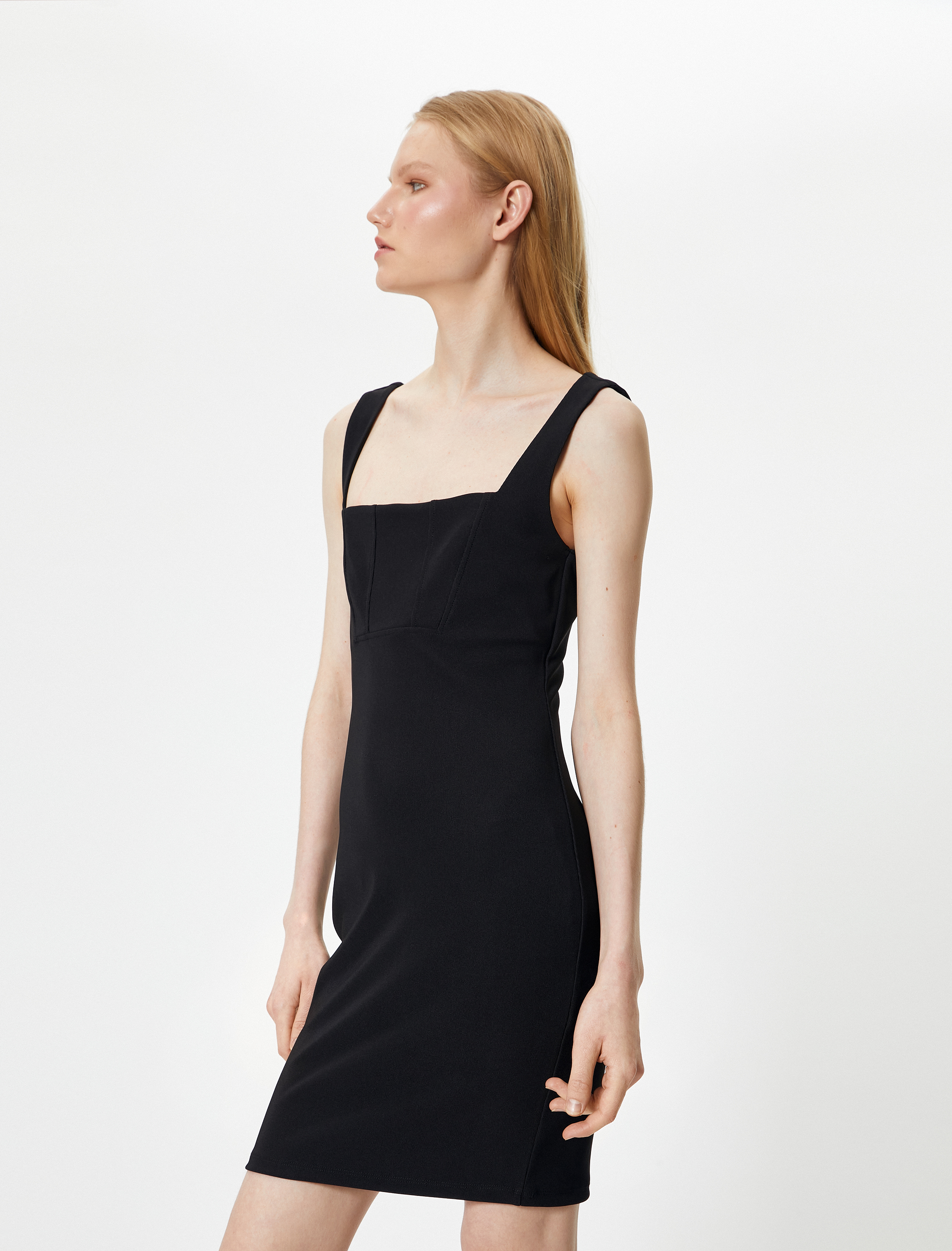   Mini Kalem Elbise Kalın Askılı Kare Yaka