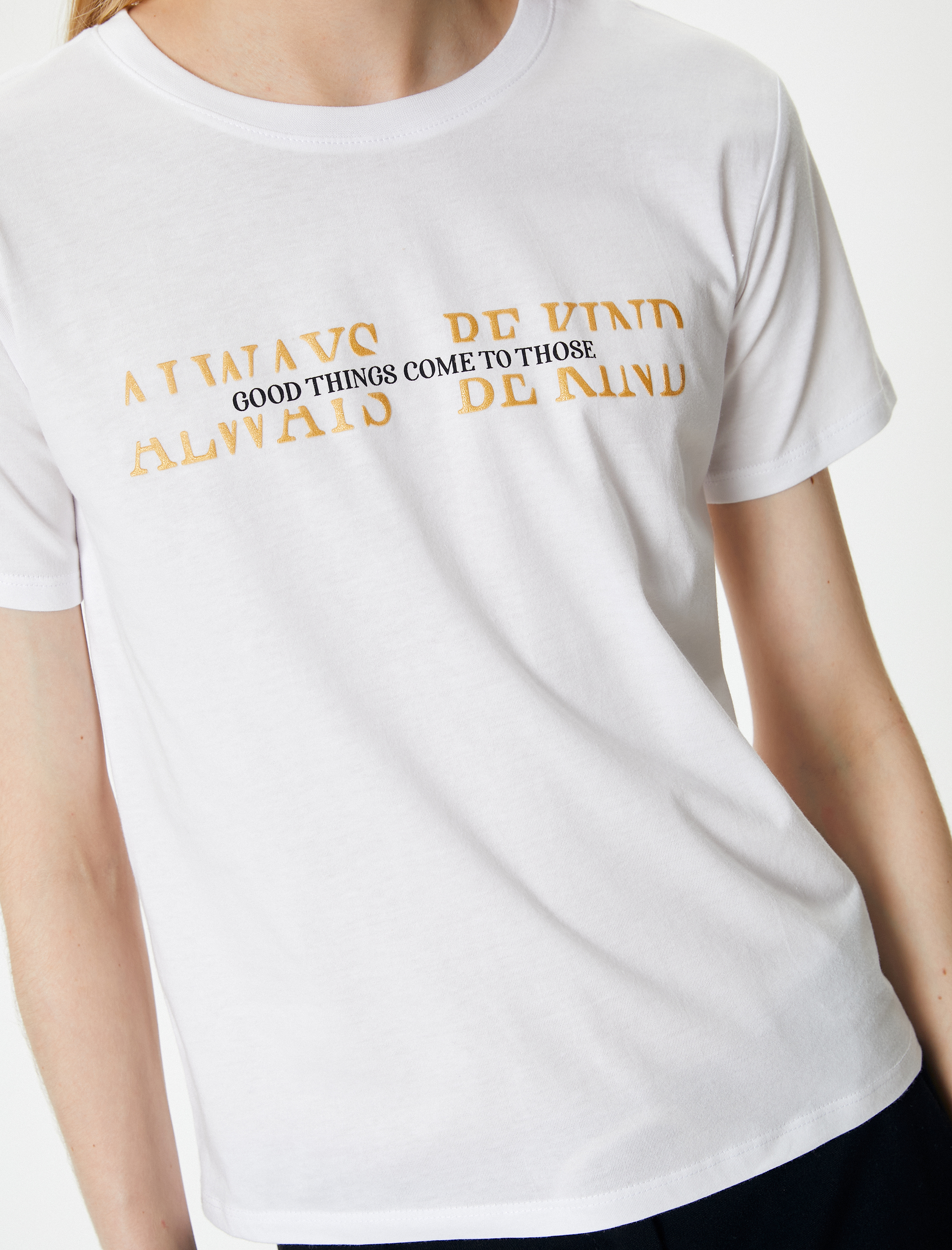   Slogan Baskılı Tişört Kısa Kollu Bisiklet Yaka Pamuklu