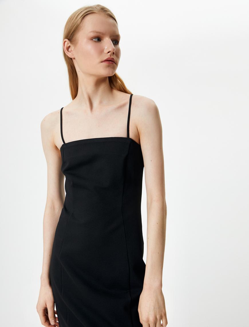   Midi Elbise İnce Askılı Yırtmaç Detaylı