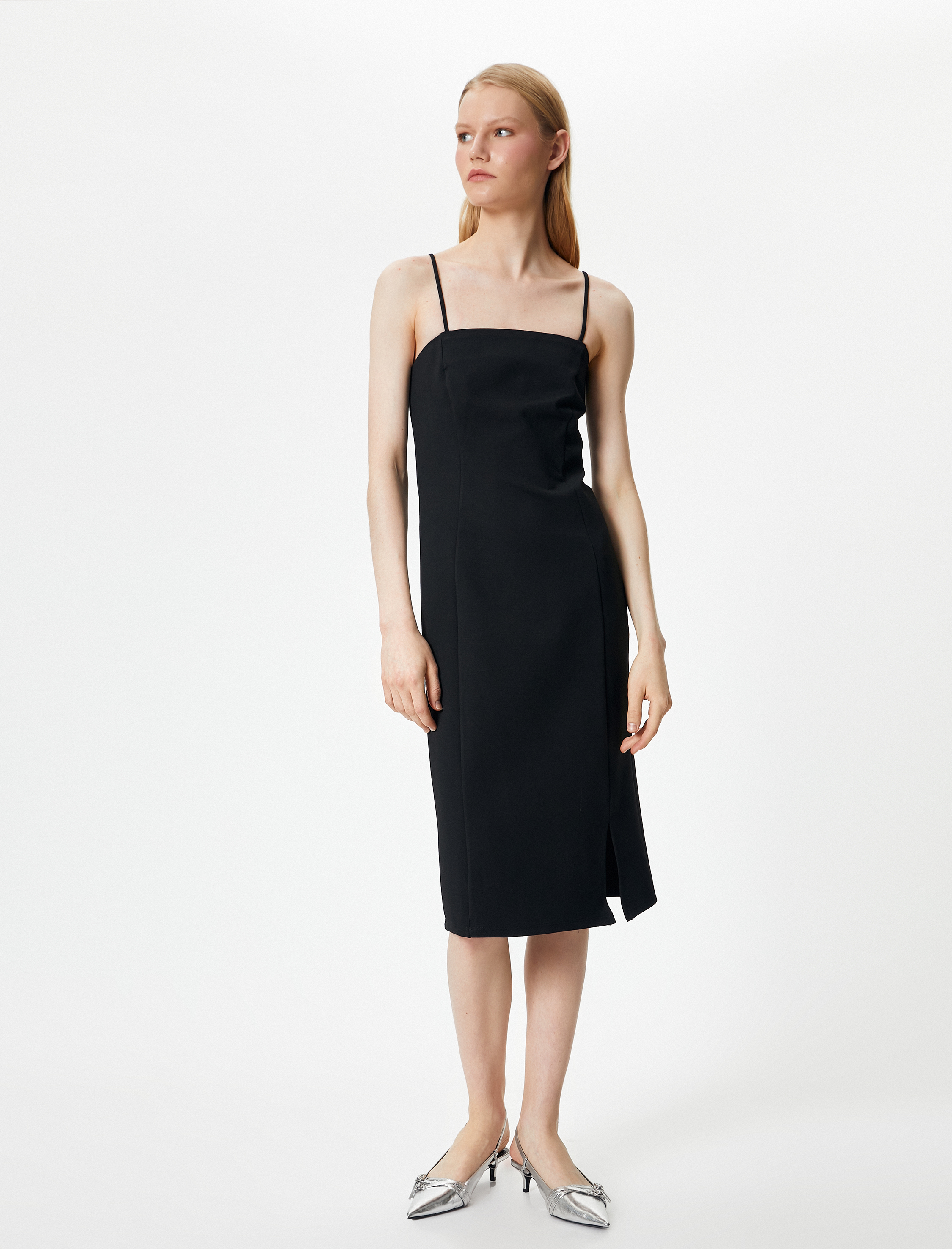   Midi Boy Viskon Elbise İnce Askılı Yırtmaç Detaylı