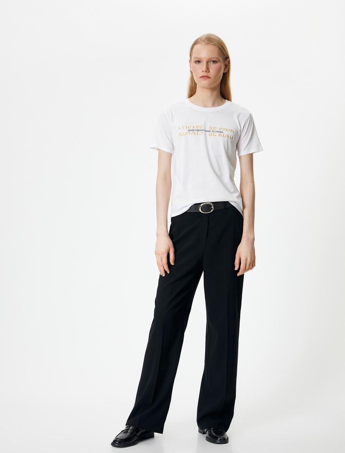  Slogan Baskılı Tişört Kısa Kollu Bisiklet Yaka Pamuklu